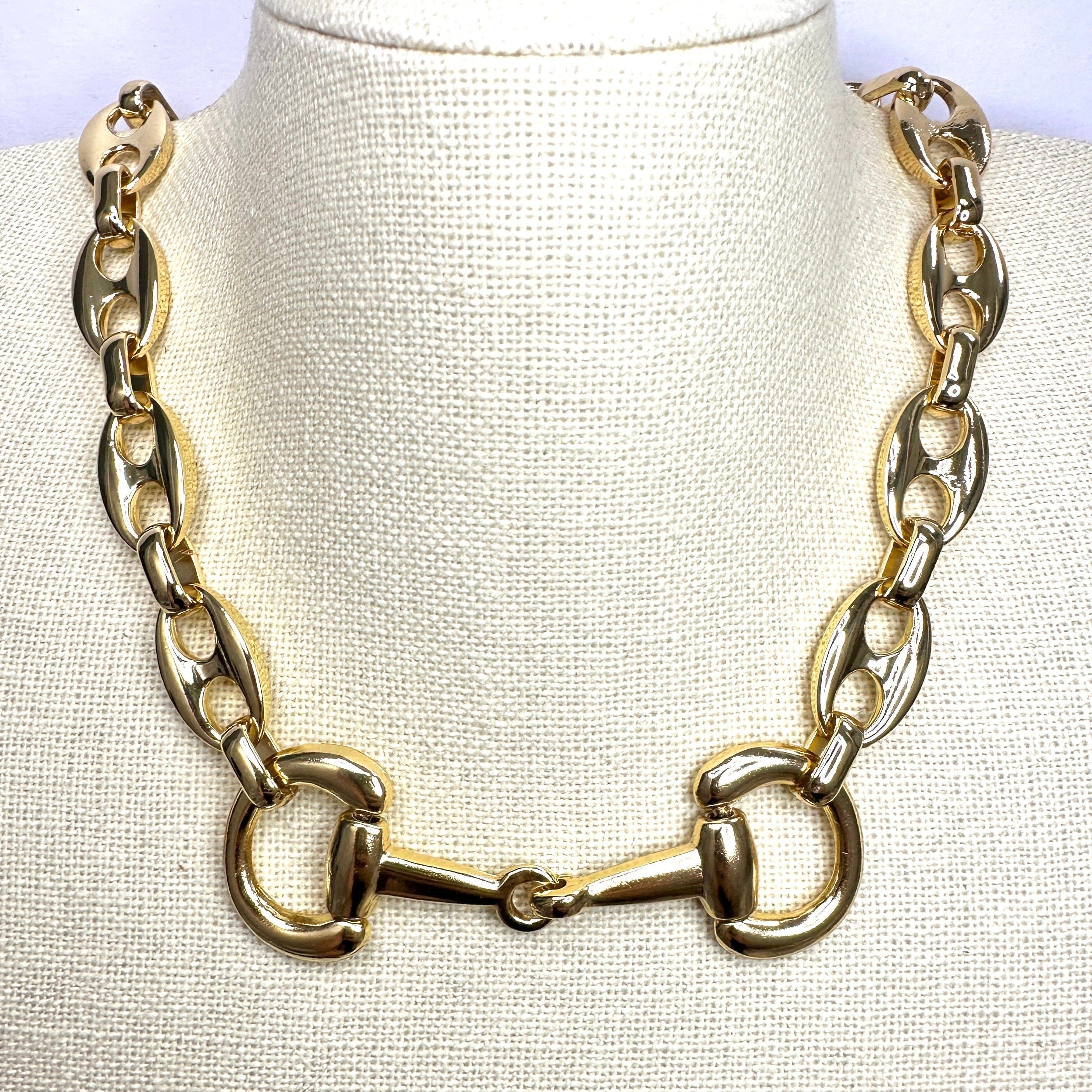 Equestrian Horse Snaffle Bit Shiny Gold Mariner Chain Statement Necklace