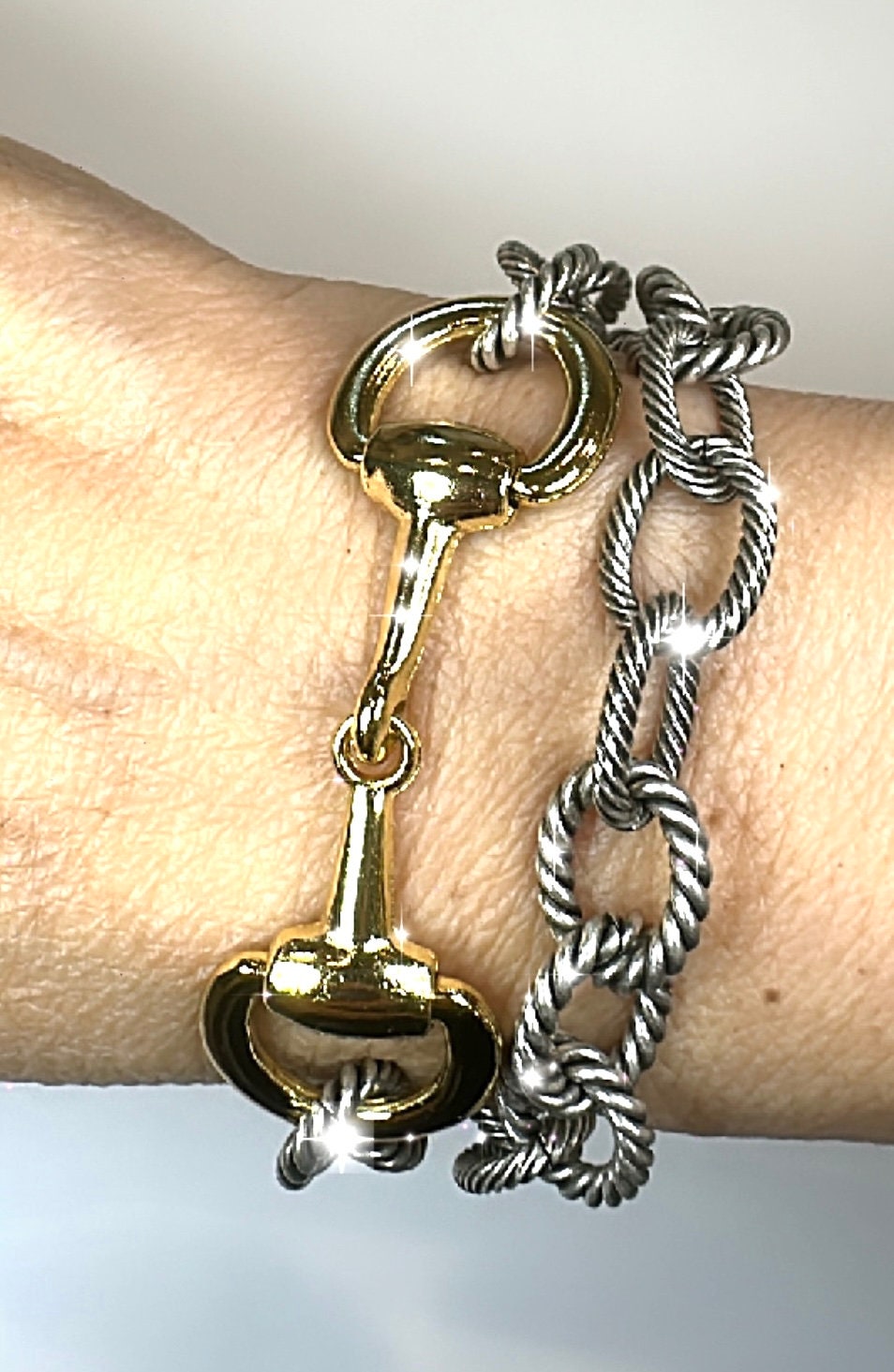 Equestrian Horse Snaffle Bit Antique Silver Rope Chain Double Wrap Mixed Metal Bracelet w/ Magnetic Clasp