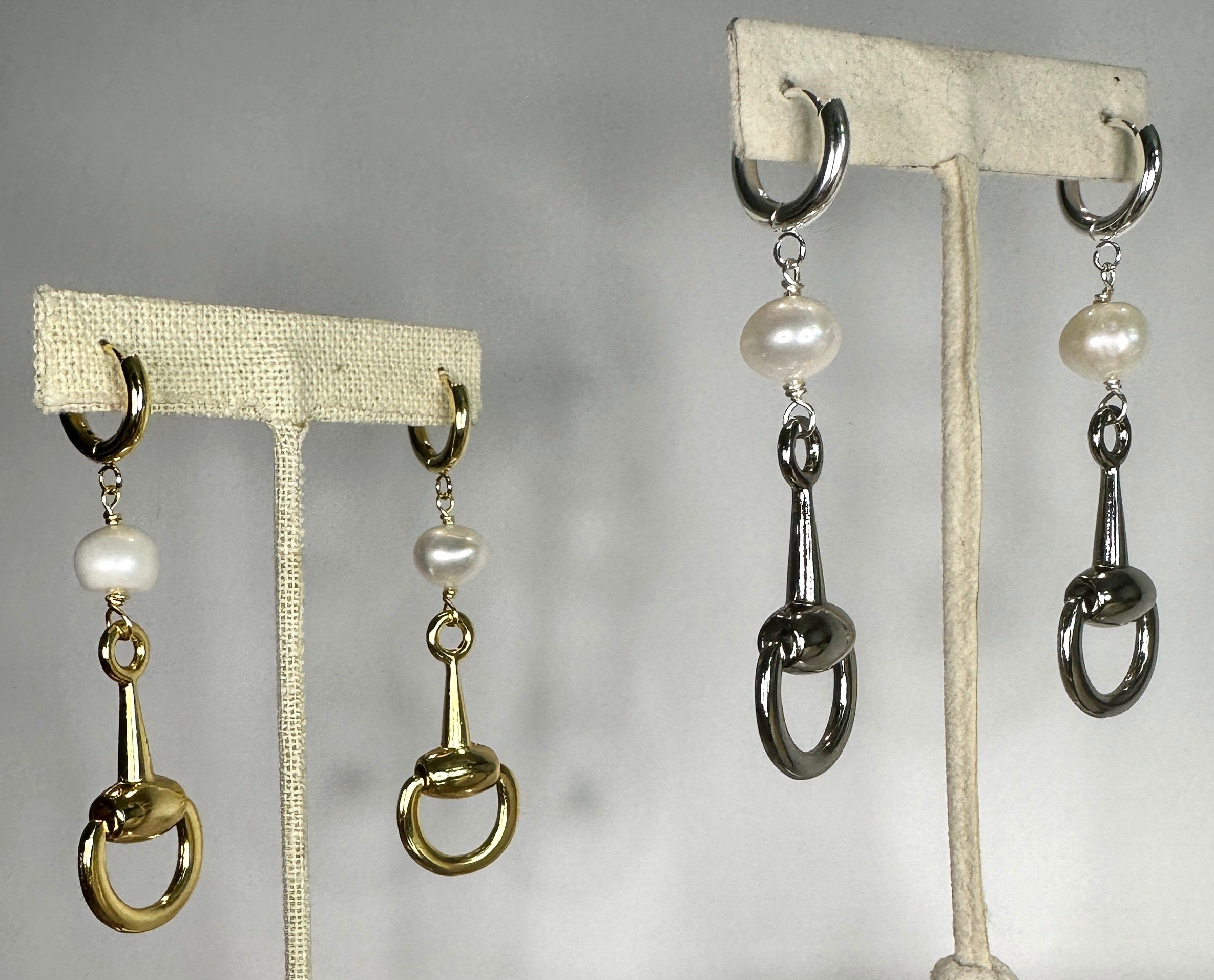 Stunning Statement Equestrian Bit Hoop Earrings with Akoya Pearl-Approx 3" long-Gold OR Silver