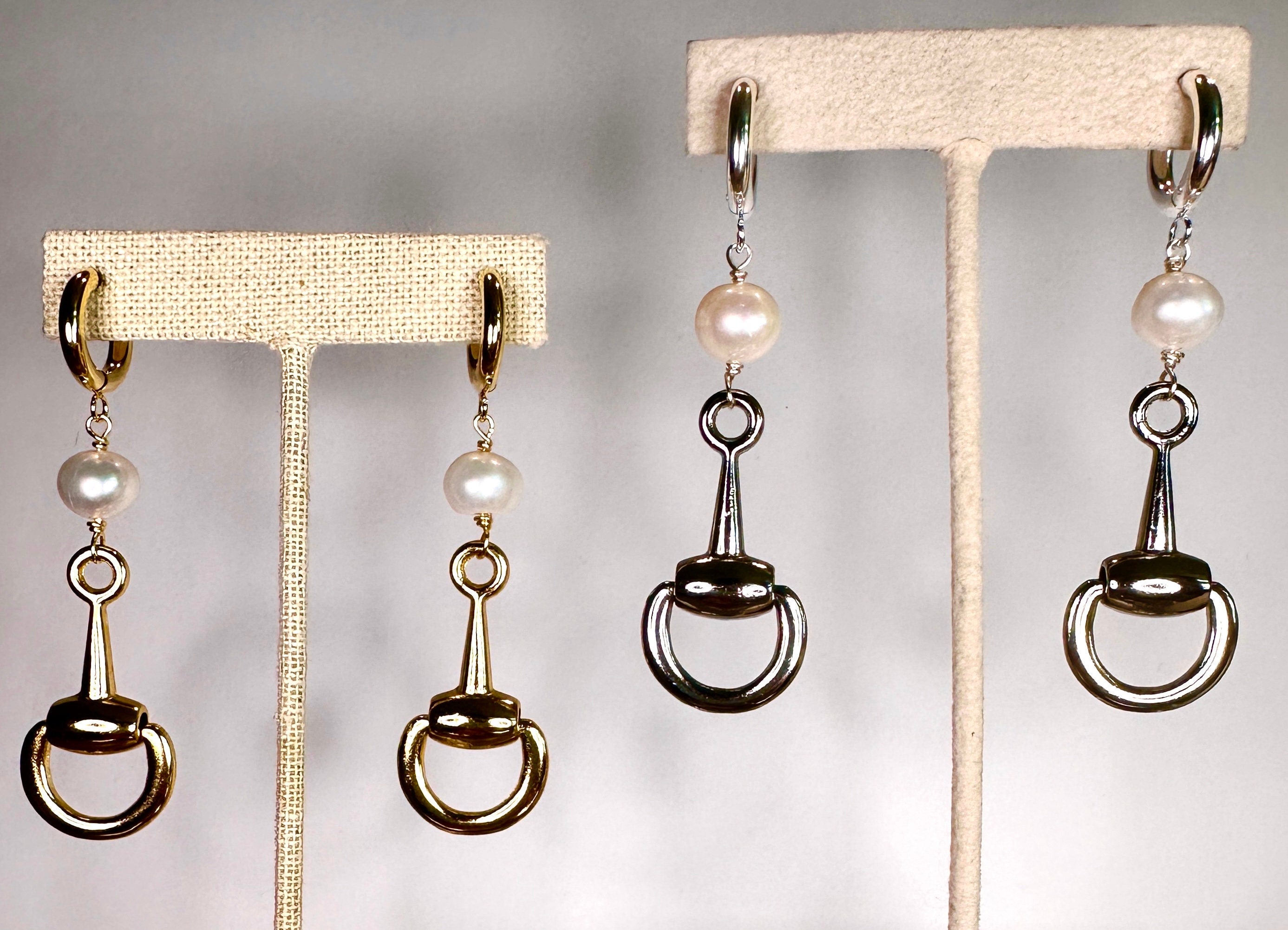 Stunning Statement Equestrian Bit Hoop Earrings with Akoya Pearl-Approx 3" long-Gold OR Silver