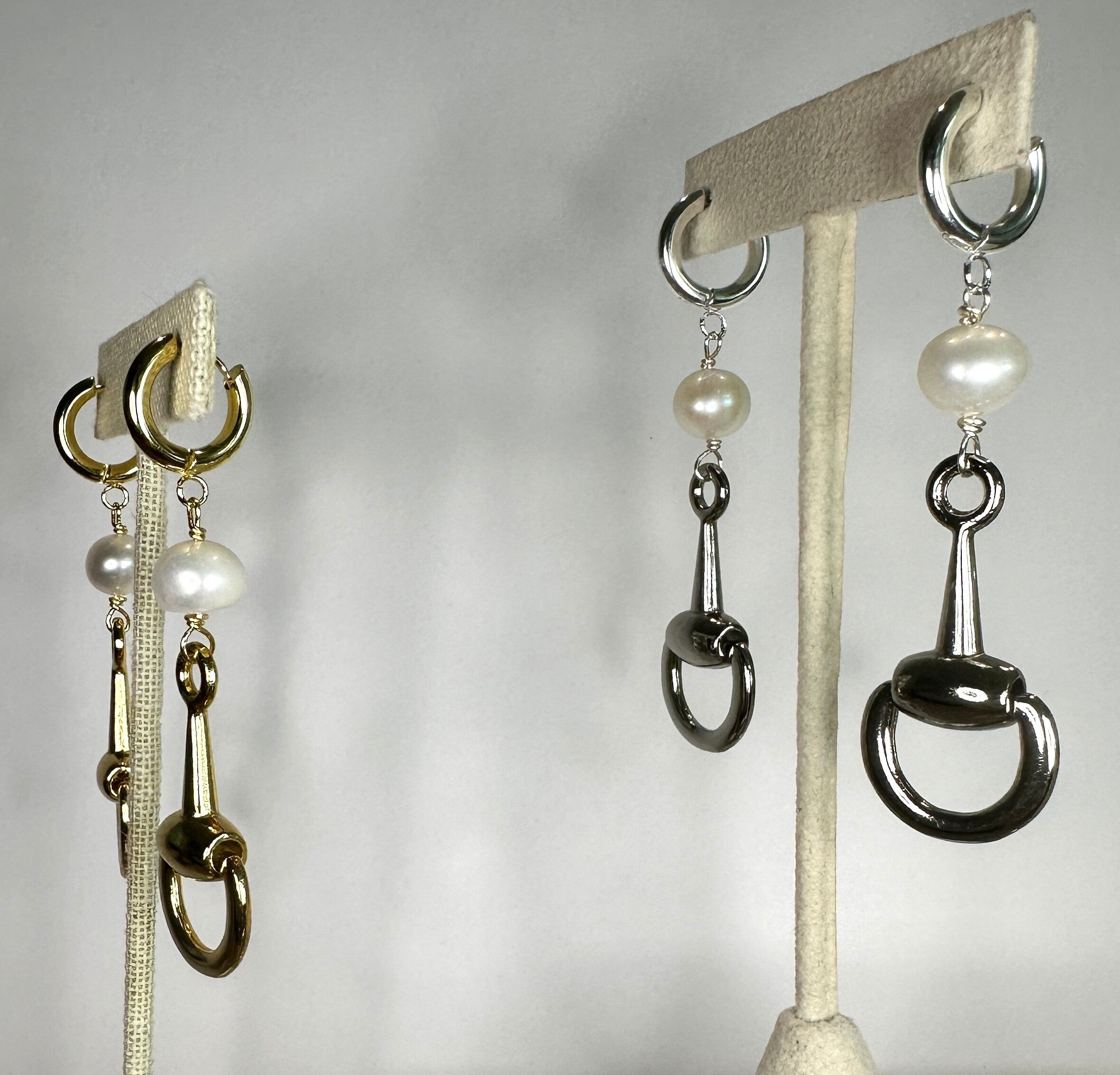 Stunning Statement Equestrian Bit Hoop Earrings with Akoya Pearl-Approx 3" long-Gold OR Silver