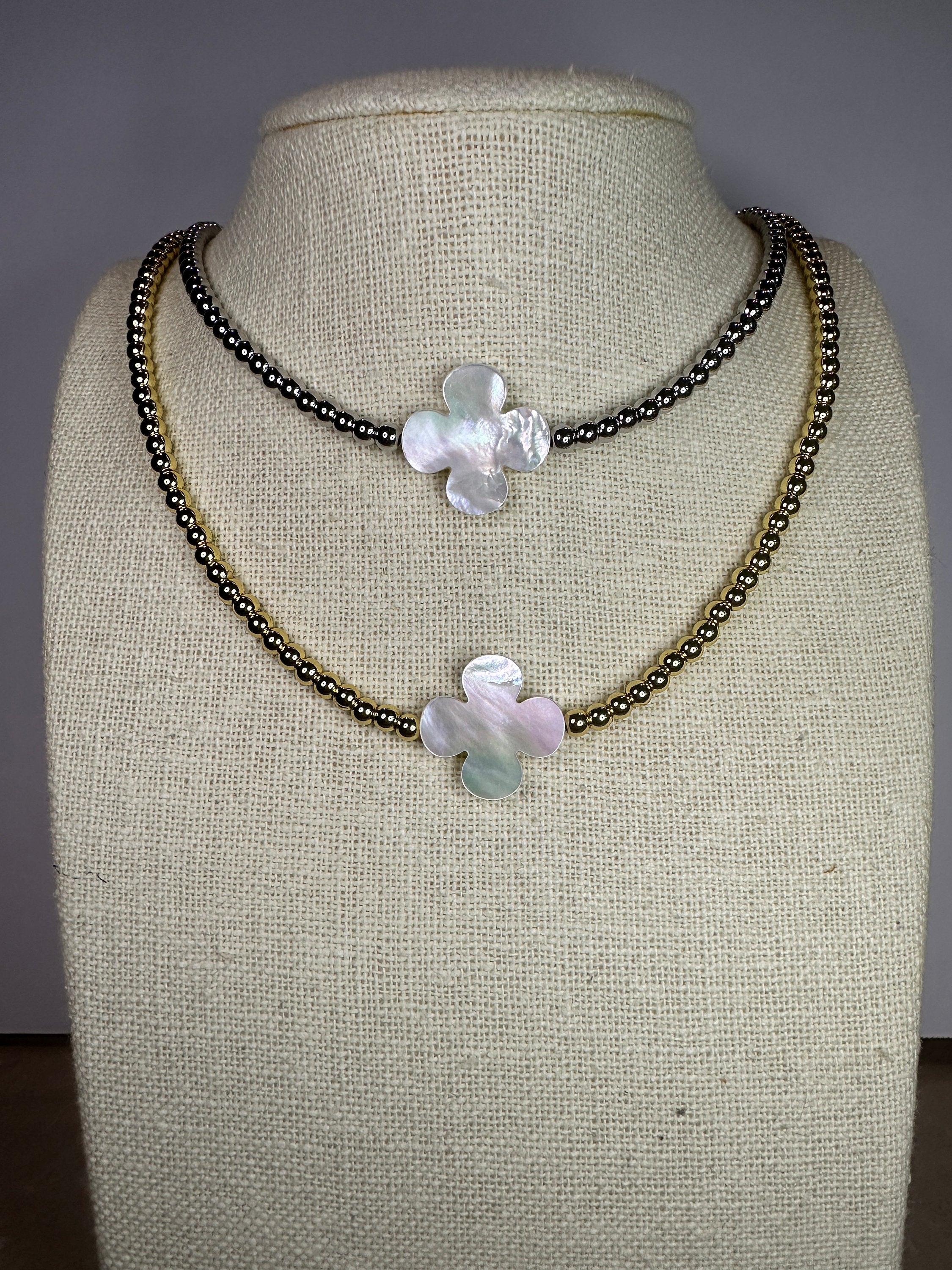 Striking Mother of Pearl SINGLE Daisy Clover Gold OR Silver Ball Necklace