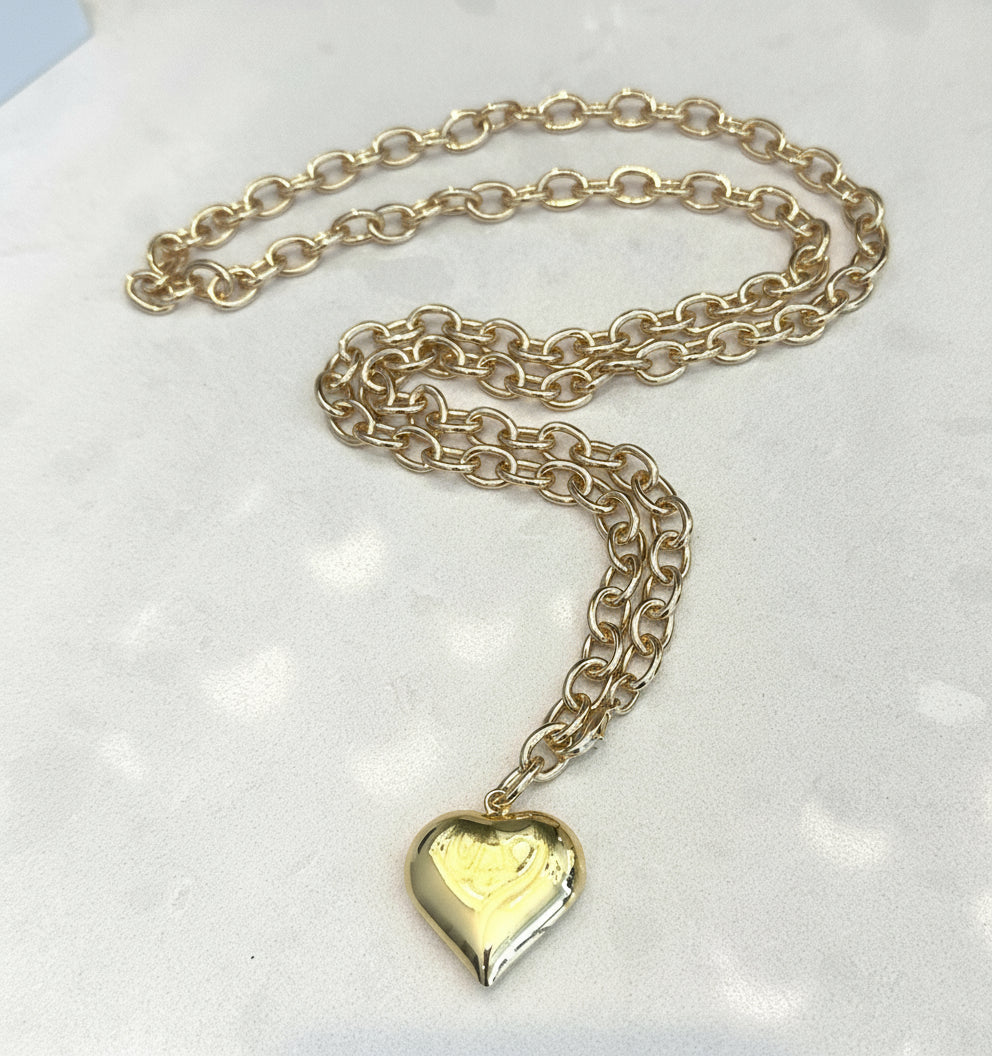 Stunning Gold Puff Heart Long Necklace-Trending NOW! 36"