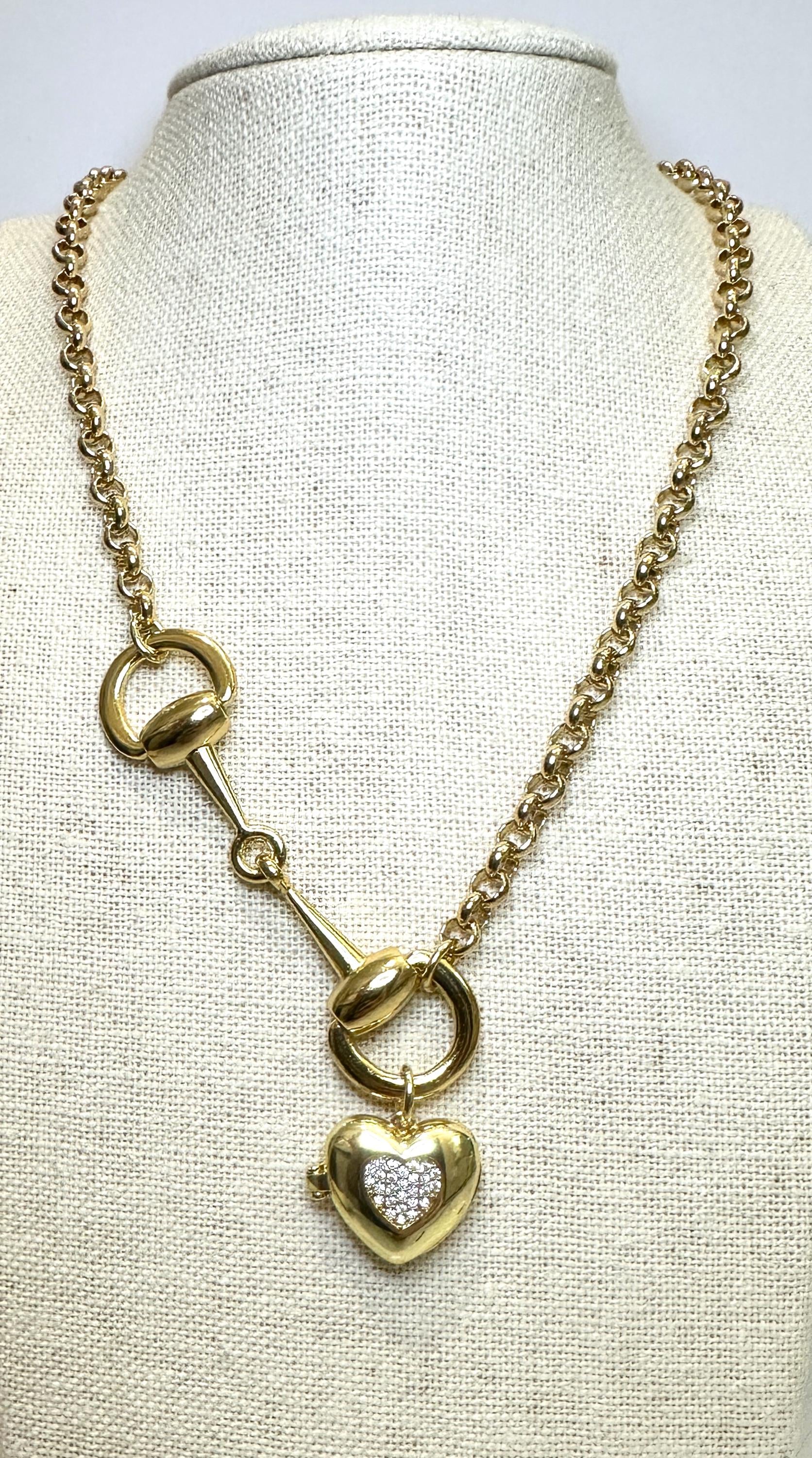 Equestrian Horse Snaffle Bit Shiny Gold Rolo Chain Necklace w/ CZ Heart Locket Charm