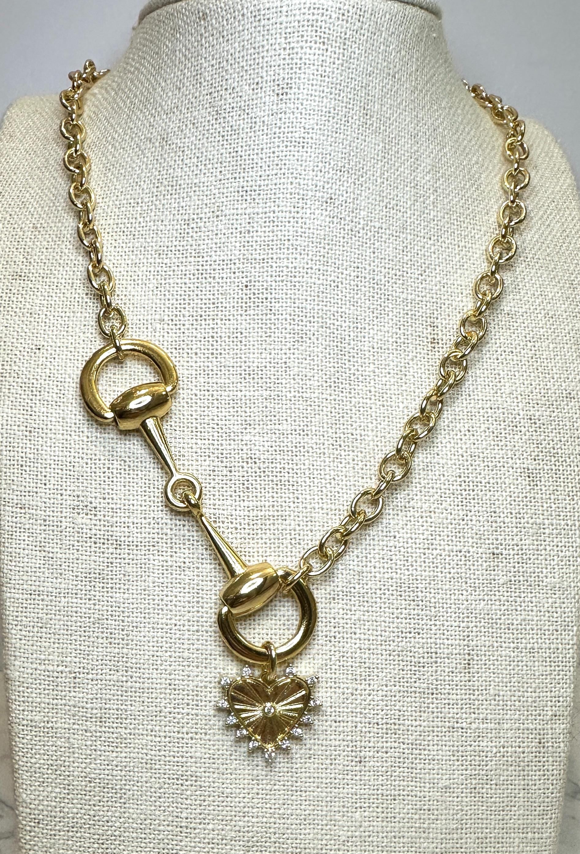 Equestrian Horse Snaffle Bit Shiny Gold Oval Chain Necklace w/ CZ Fluted Heart Charm