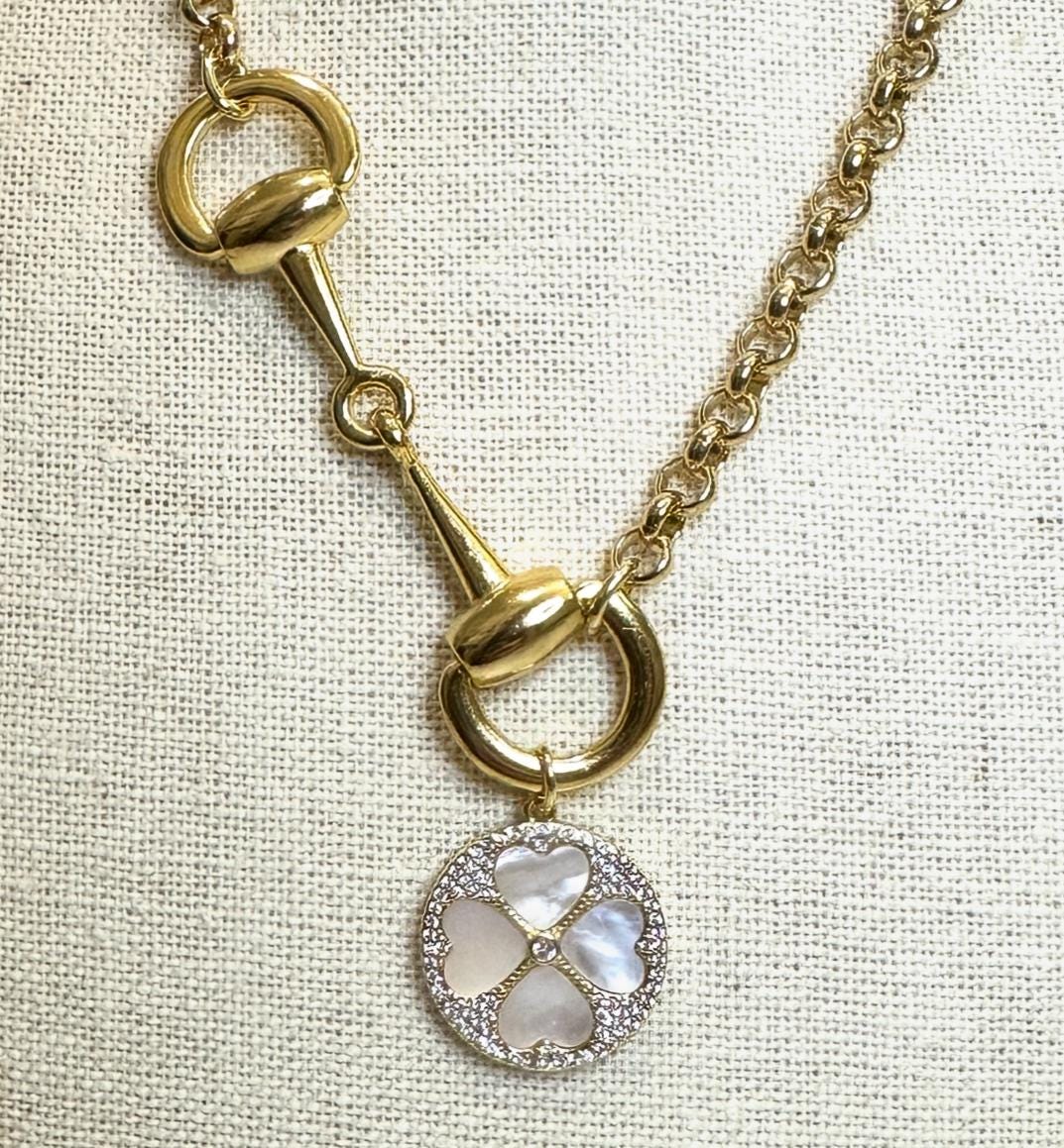 Equestrian Horse Snaffle Bit Shiny Gold Rolo Chain Necklace w/ CZ Mother of Pearl Clover Charm