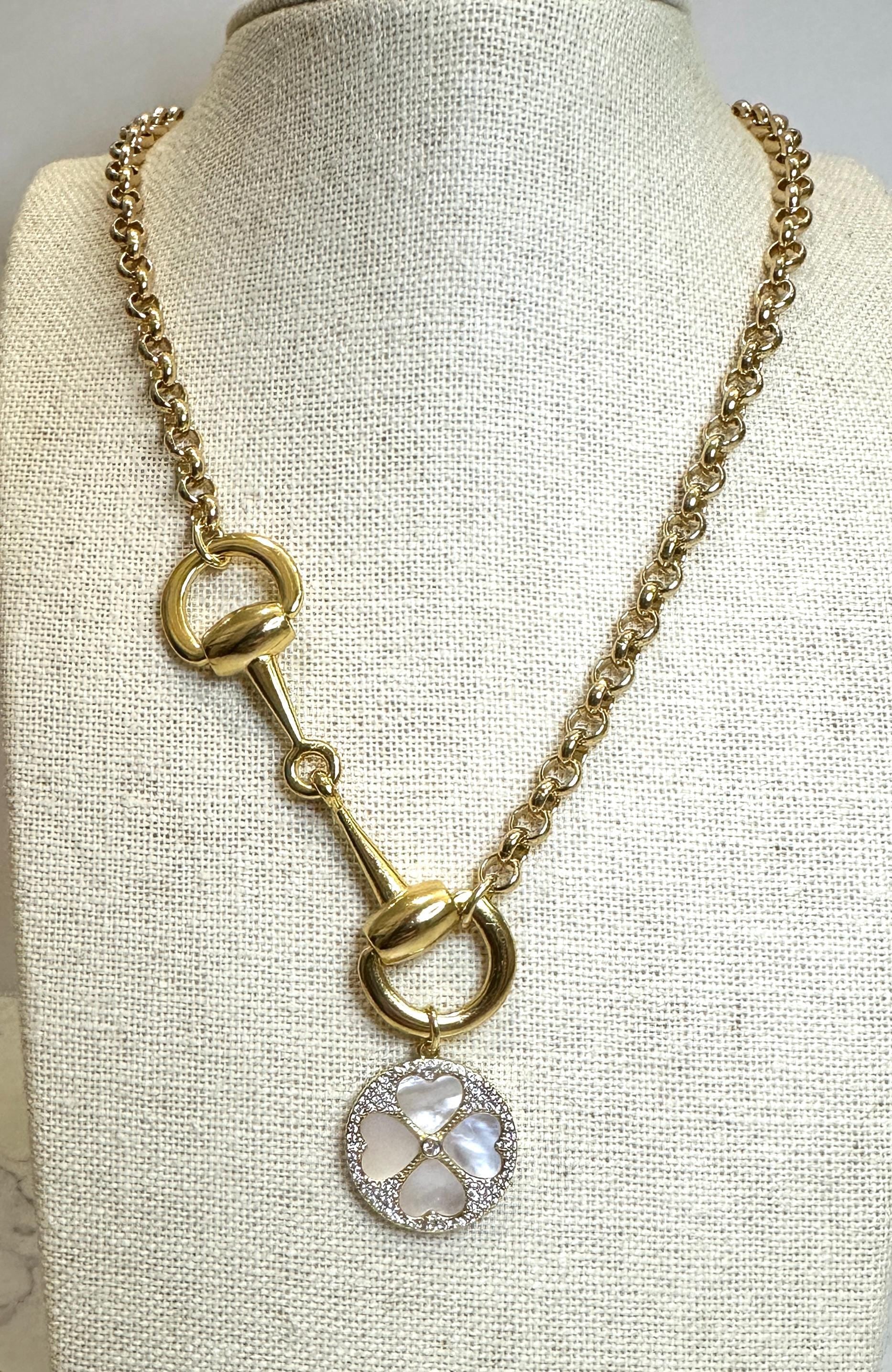 Equestrian Horse Snaffle Bit Shiny Gold Rolo Chain Necklace w/ CZ Mother of Pearl Clover Charm