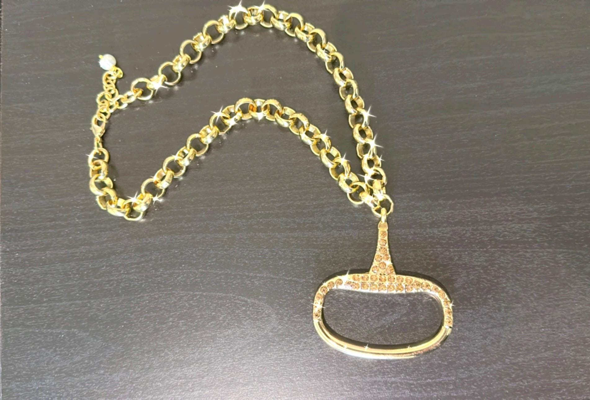 Equestrian Equine Horse Snaffle Bit Necklace with Champagne Crystals-Shiny Gold Rolo Chain -Make a Stunning Statement