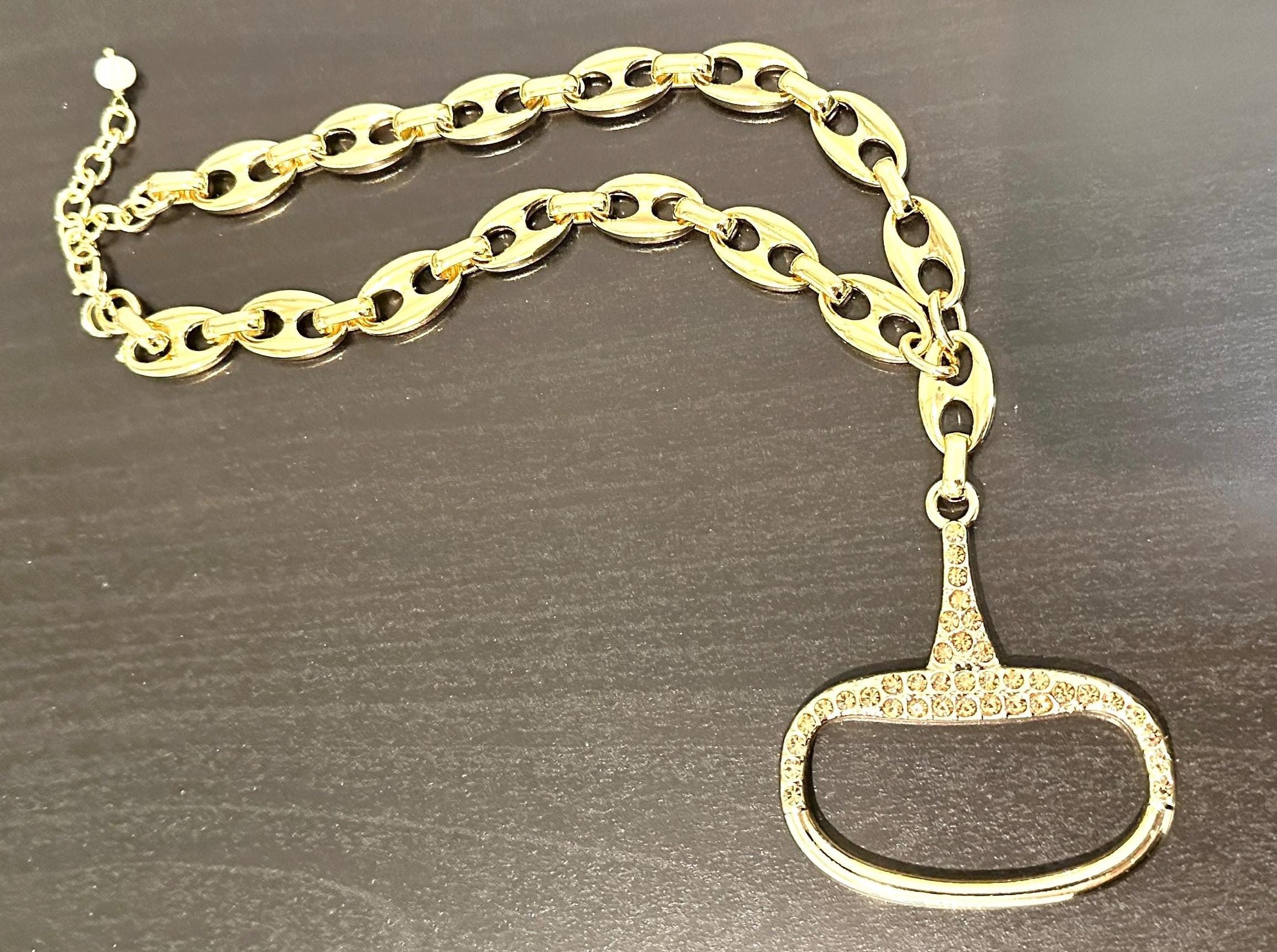 Equestrian Equine Horse Snaffle Bit Encrusted with Champagne Crystals Shiny Gold Mariner Chain Necklace Stunning Statement Necklace