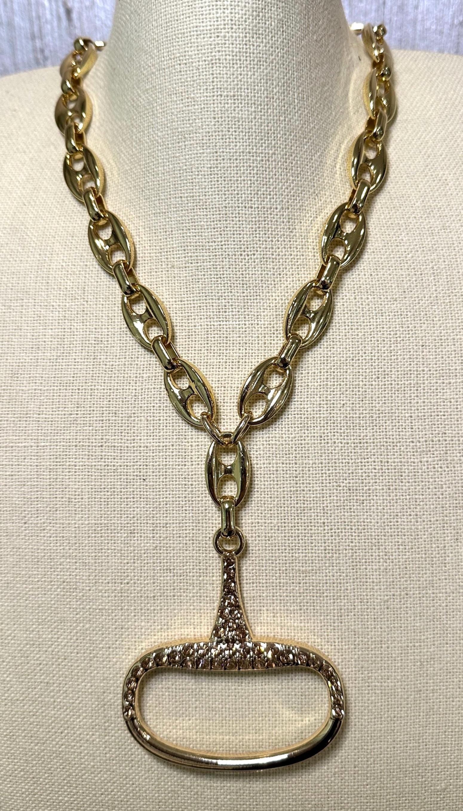 Equestrian Equine Horse Snaffle Bit Encrusted with Champagne Crystals Shiny Gold Mariner Chain Necklace Stunning Statement Necklace