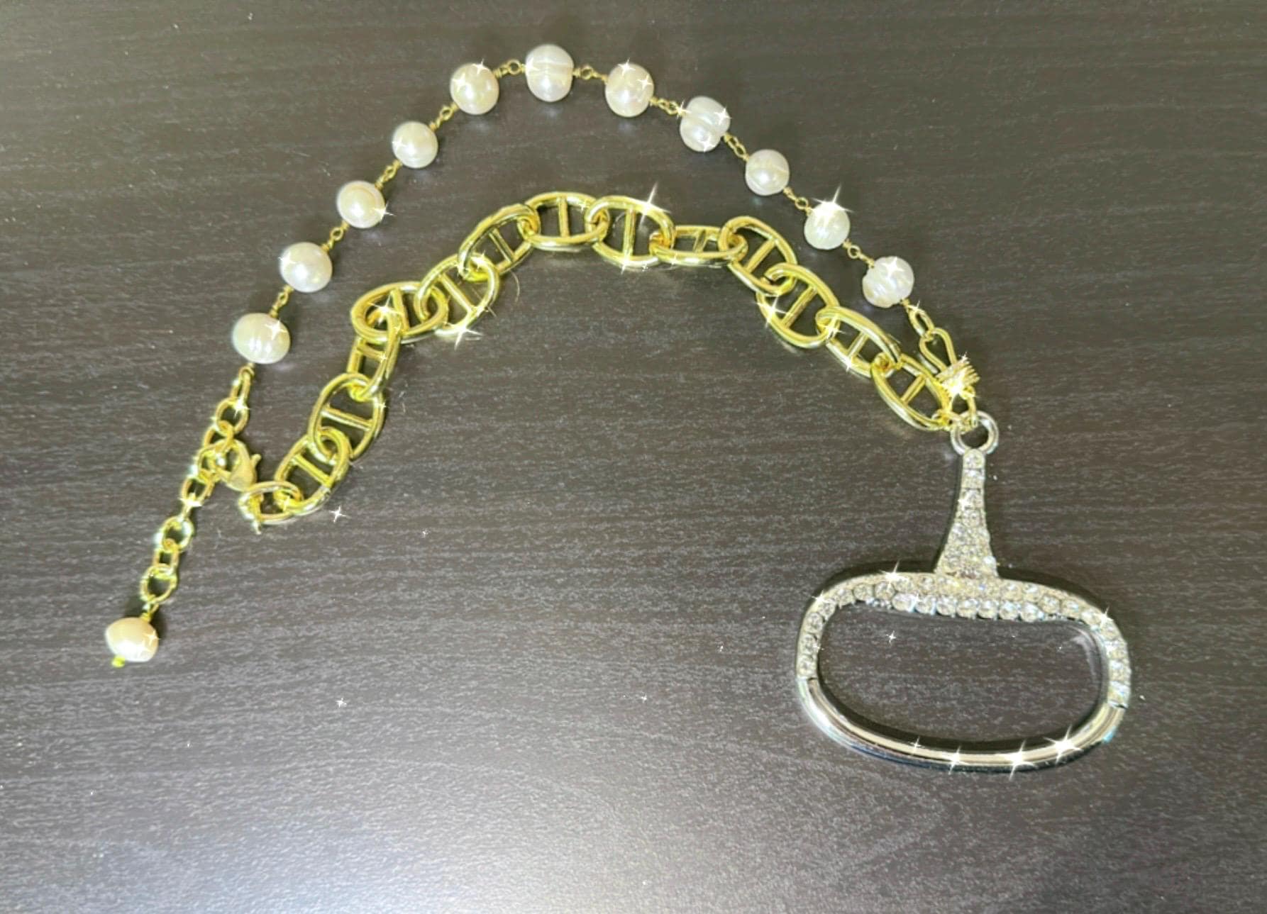 Equestrian Equine Horse Snaffle Bit w/Crystals-Shiny Gold Mariner Chain & Real Pearl Necklace—Stunning MIXED METAL Statement Necklace