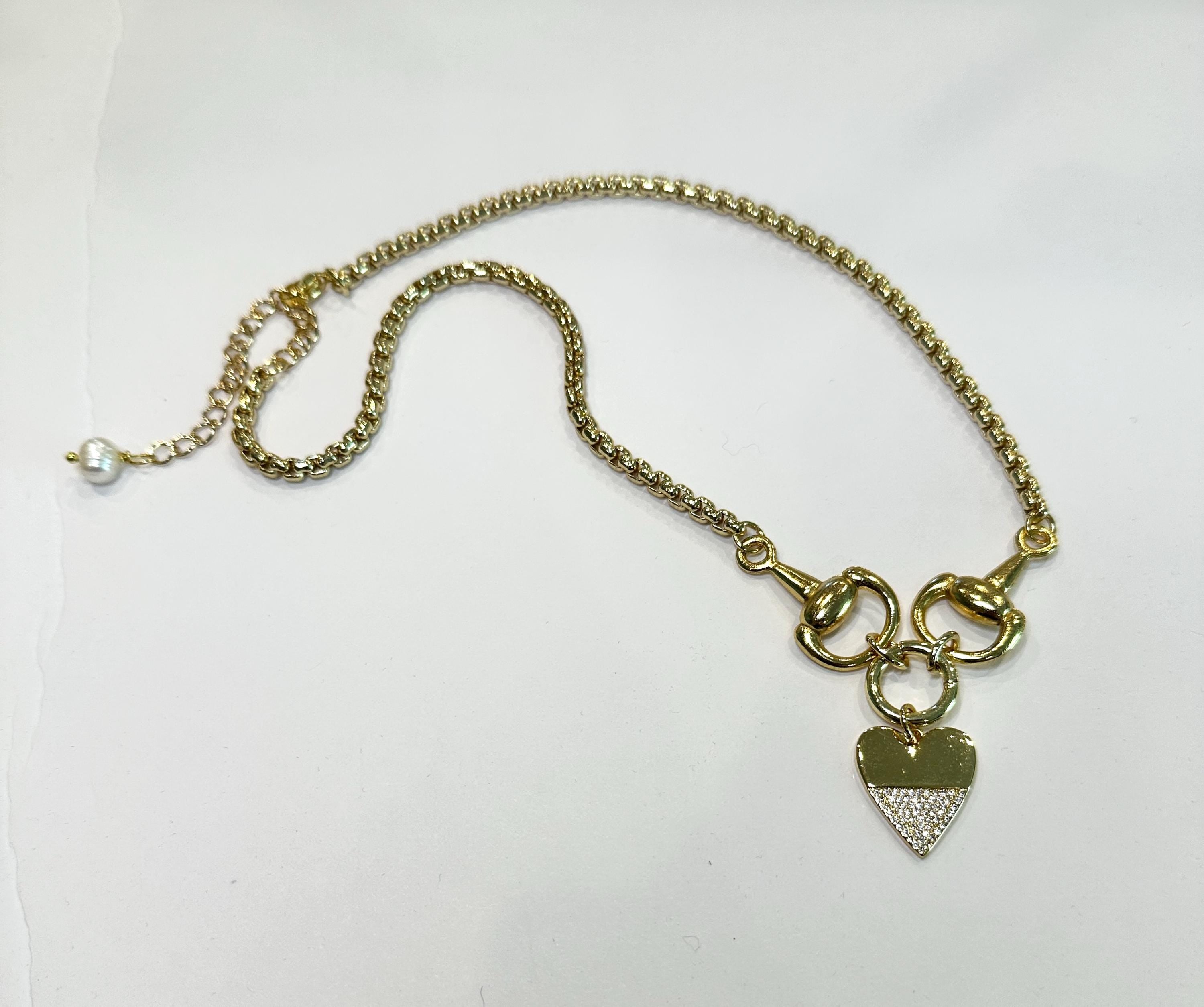 Equestrian Horse Snaffle Bit -- Crystal Heart Charm--Shiny Gold Box Chain Necklace