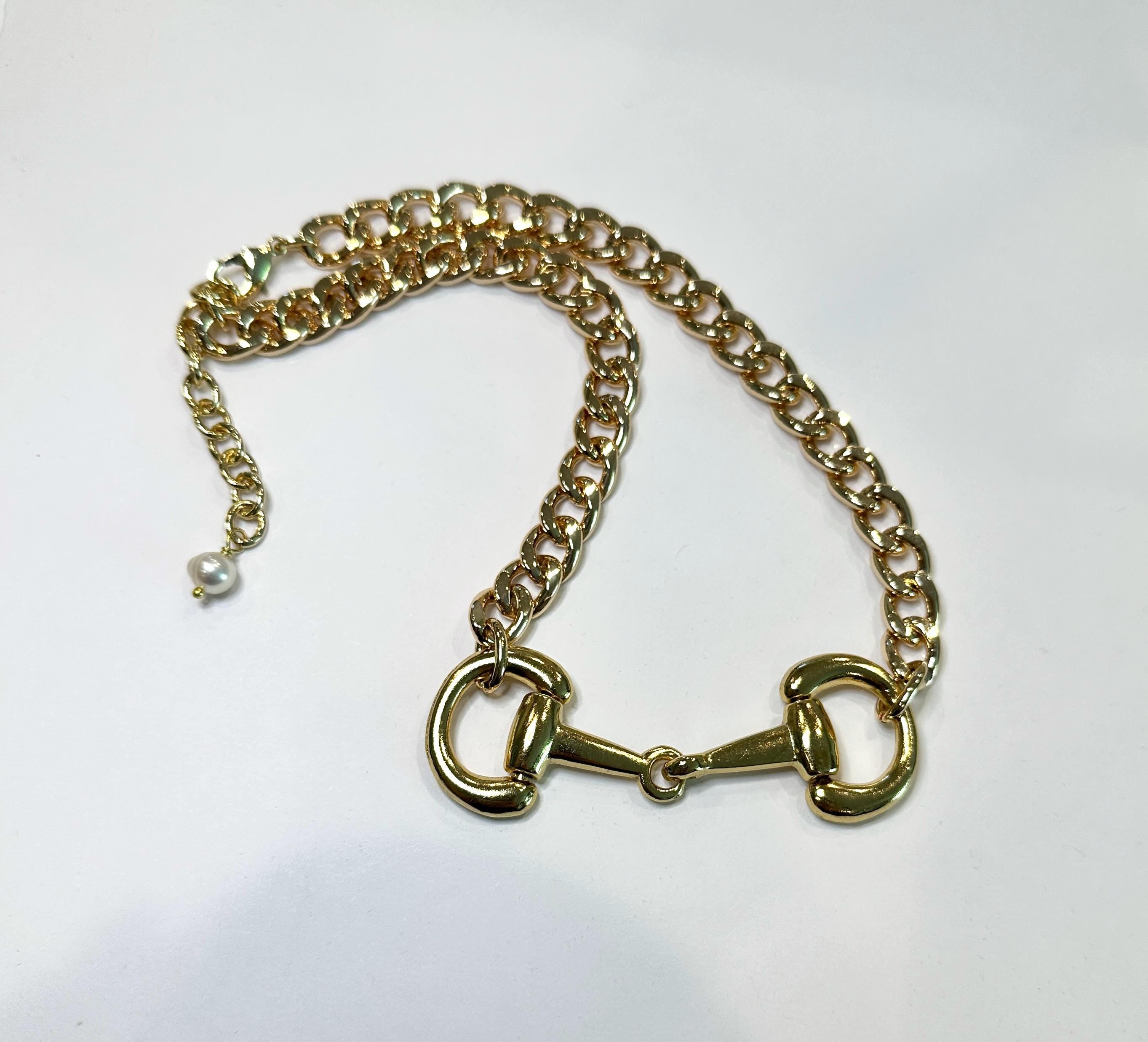 Equestrian Horse Snaffle Bit Shiny Gold Cuban Link Chain Necklace
