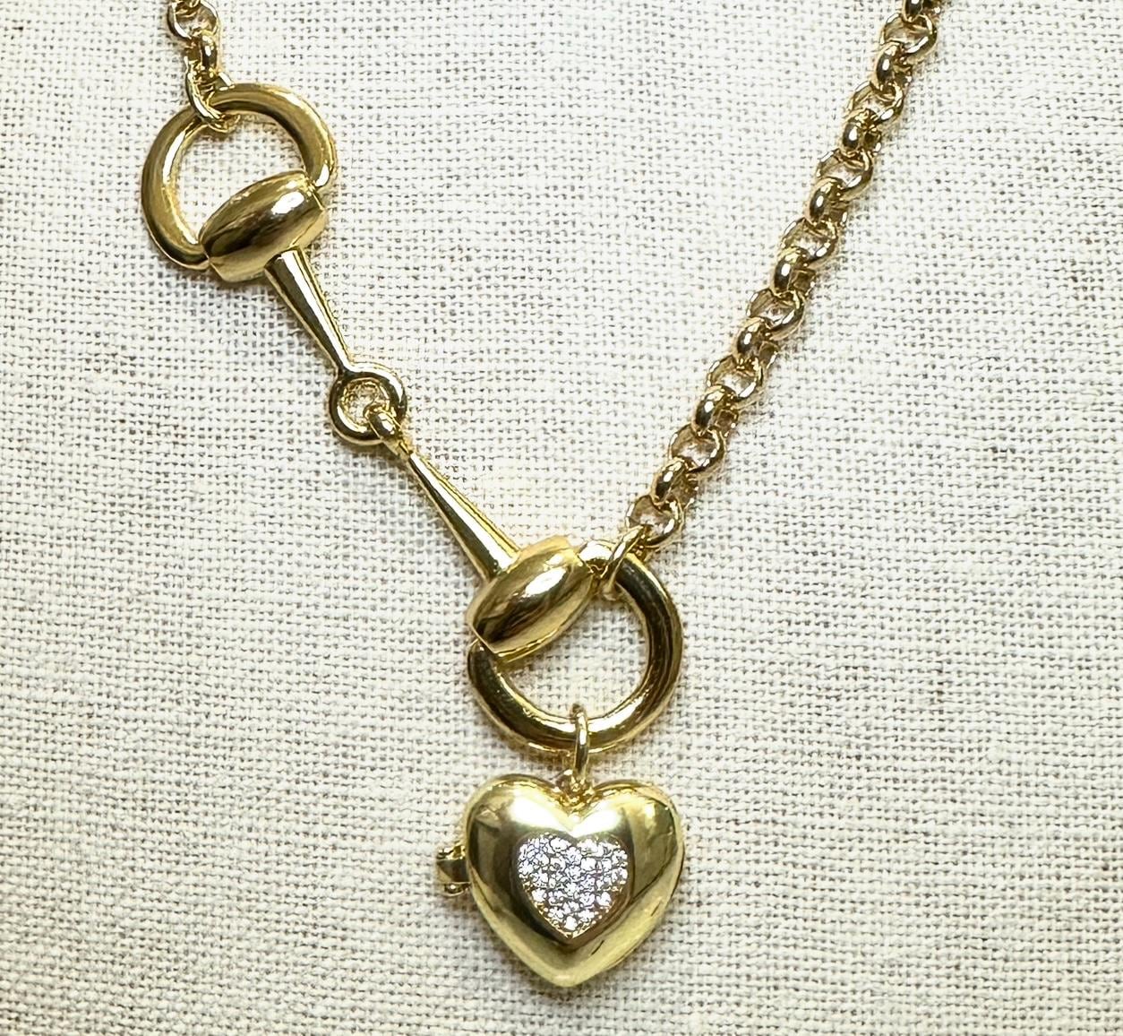 Equestrian Horse Snaffle Bit Shiny Gold Rolo Chain Necklace w/ CZ Heart Locket Charm