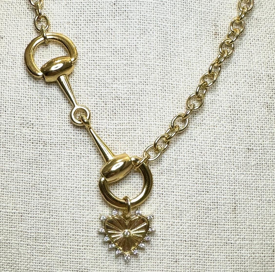 Equestrian Horse Snaffle Bit Shiny Gold Oval Chain Necklace w/ CZ Fluted Heart Charm