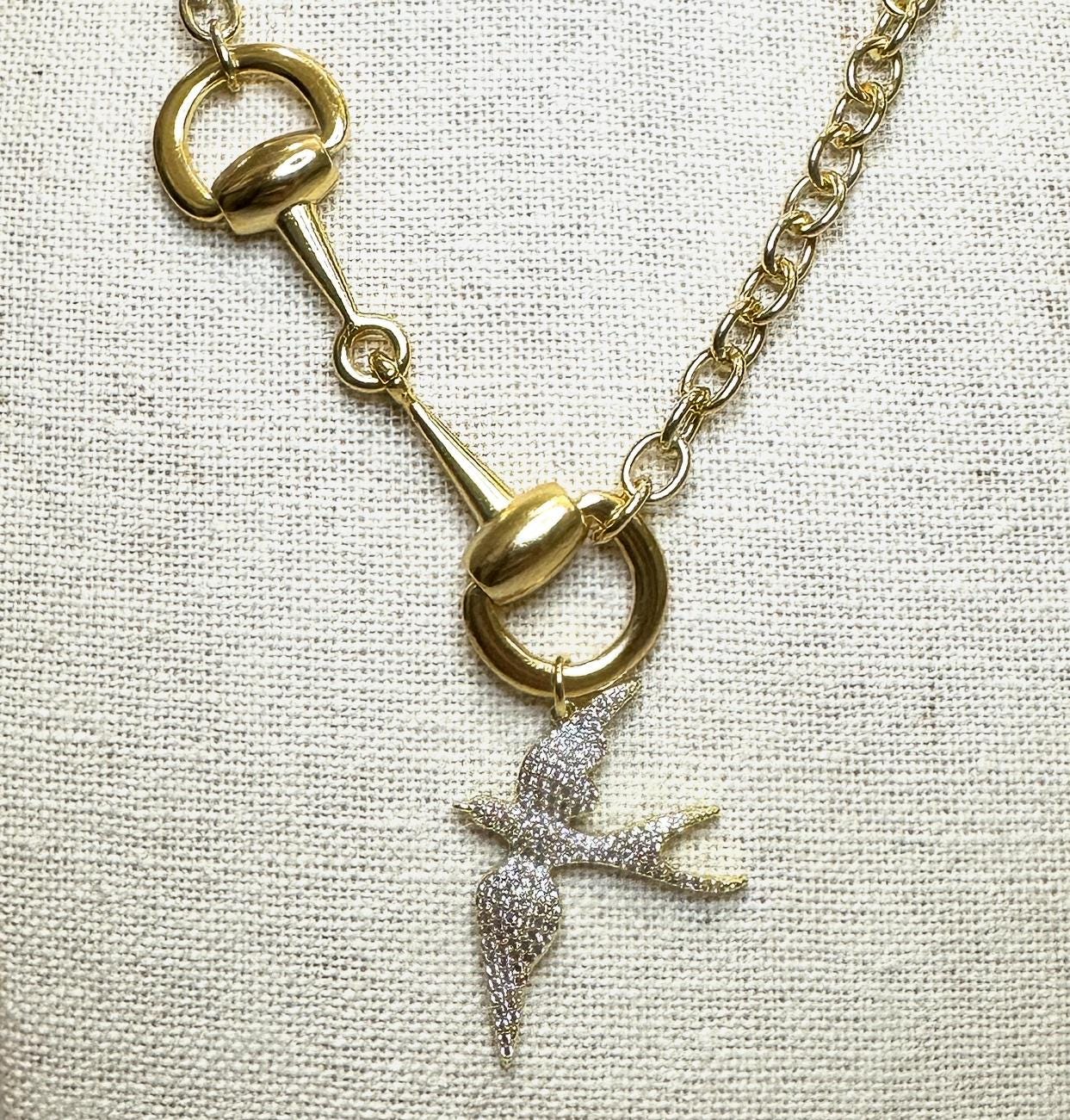 Equestrian Horse Snaffle Bit Shiny Gold Oval Chain Necklace w/ CZ Dove Bird Charm