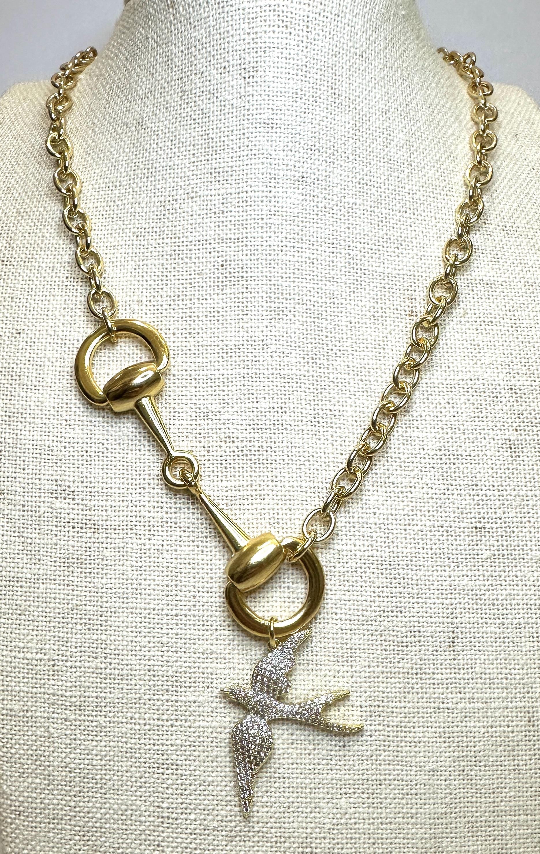 Equestrian Horse Snaffle Bit Shiny Gold Oval Chain Necklace w/ CZ Dove Bird Charm