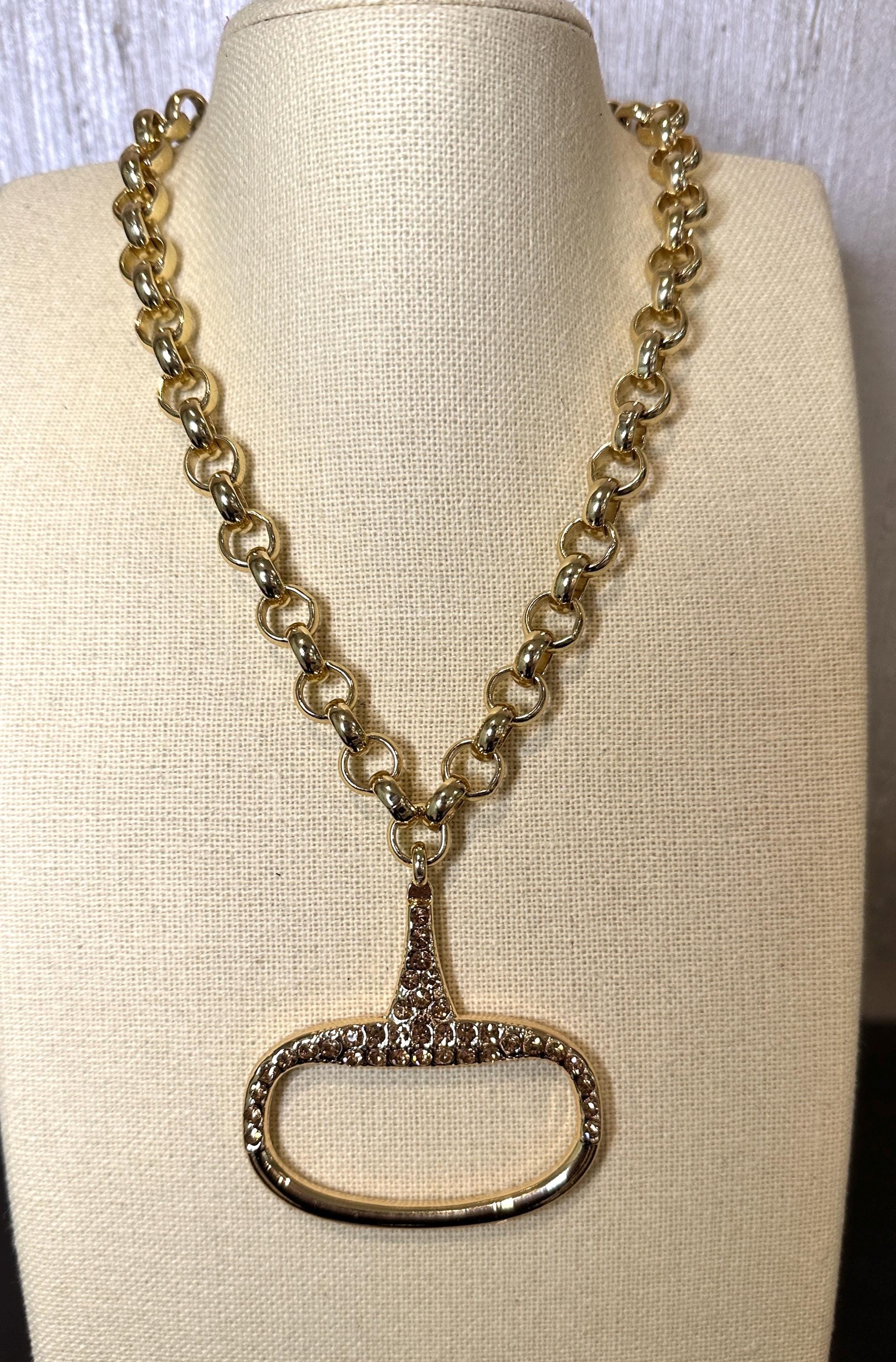 Equestrian Equine Horse Snaffle Bit Necklace with Champagne Crystals-Shiny Gold Rolo Chain -Make a Stunning Statement