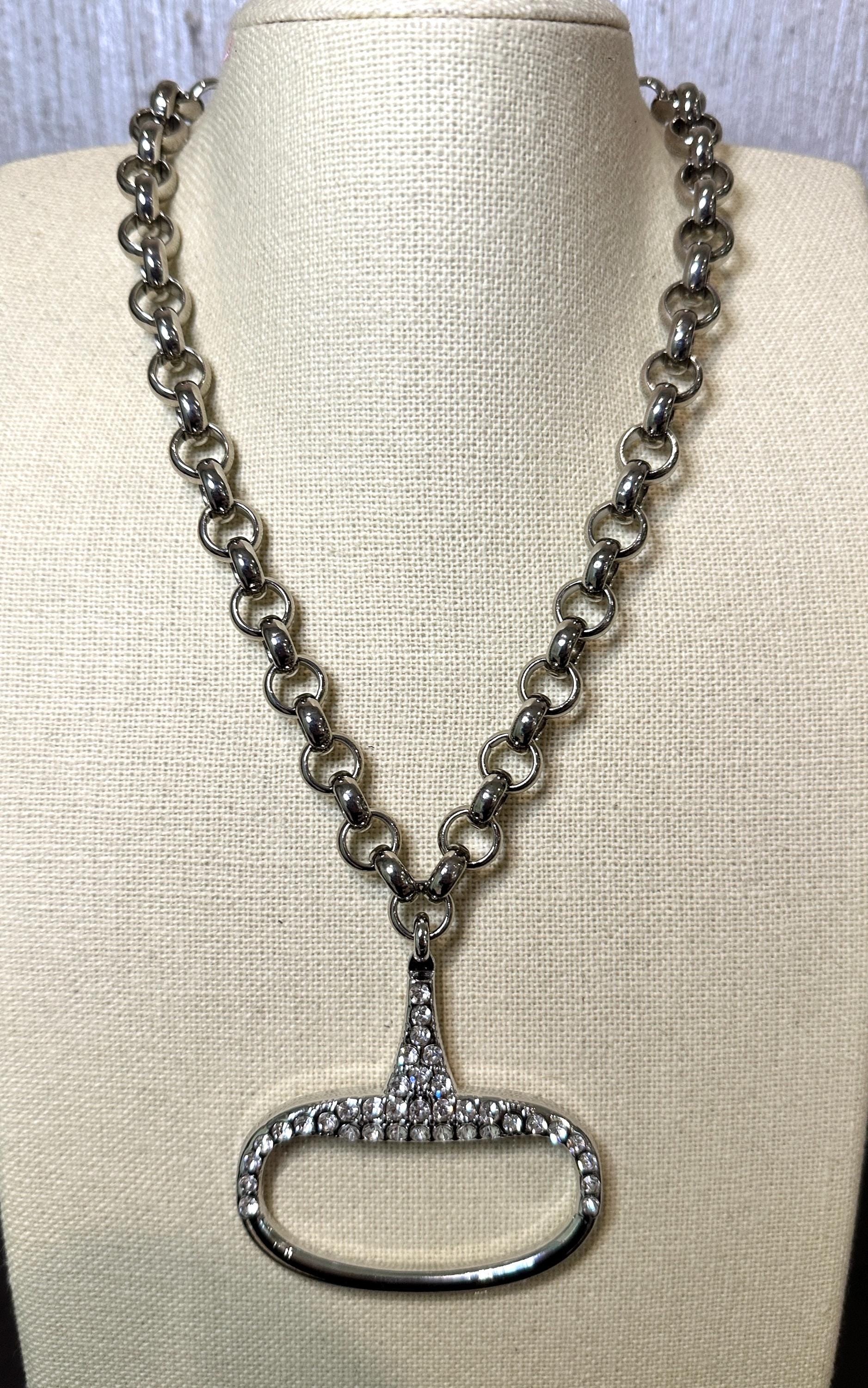 Equestrian Equine Horse Snaffle Bit Encrusted with Clear Crystals - Shiny Silver Rolo Chain Necklace Stunning Statement Necklace