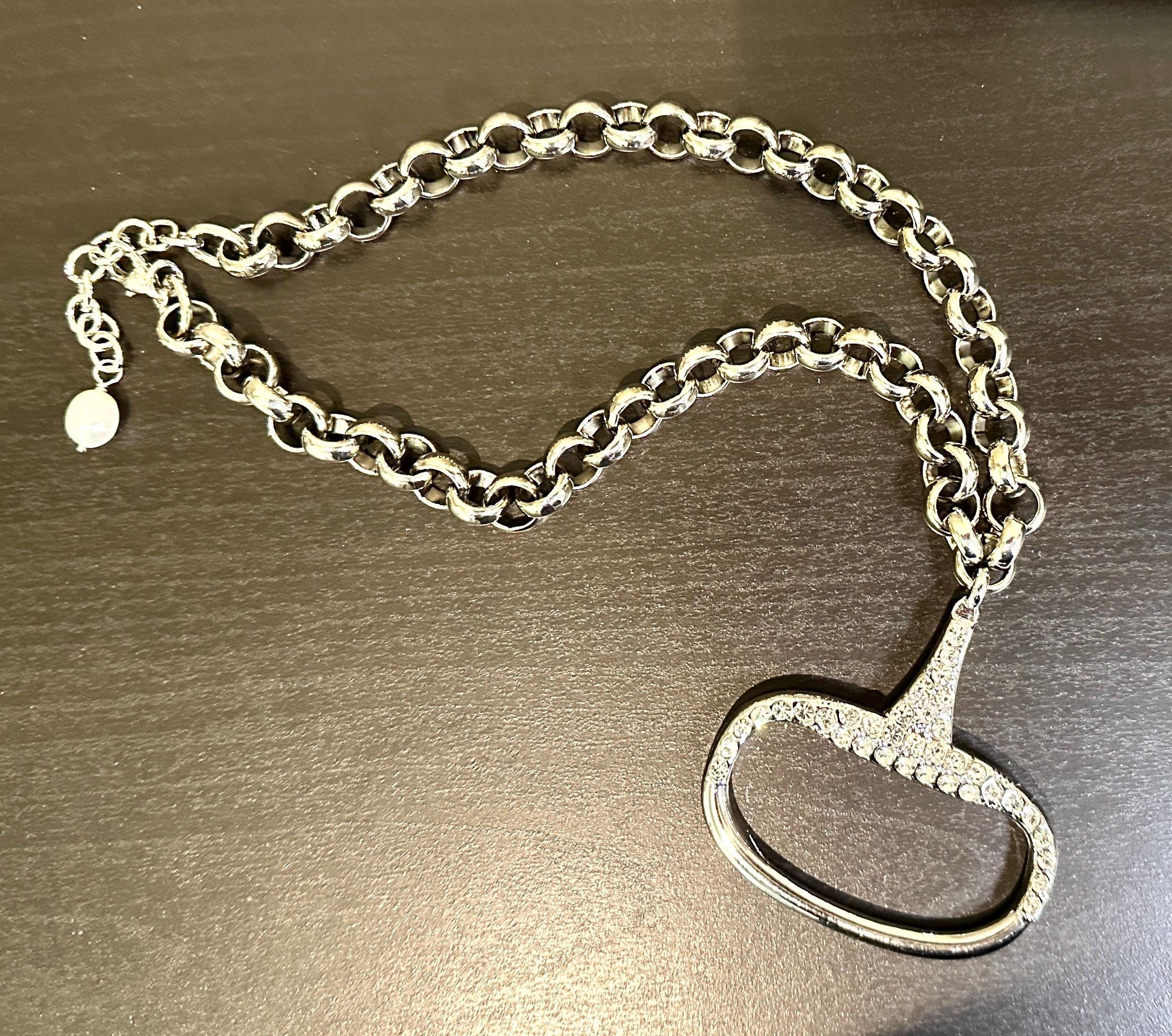 Equestrian Equine Horse Snaffle Bit Encrusted with Clear Crystals - Shiny Silver Rolo Chain Necklace Stunning Statement Necklace