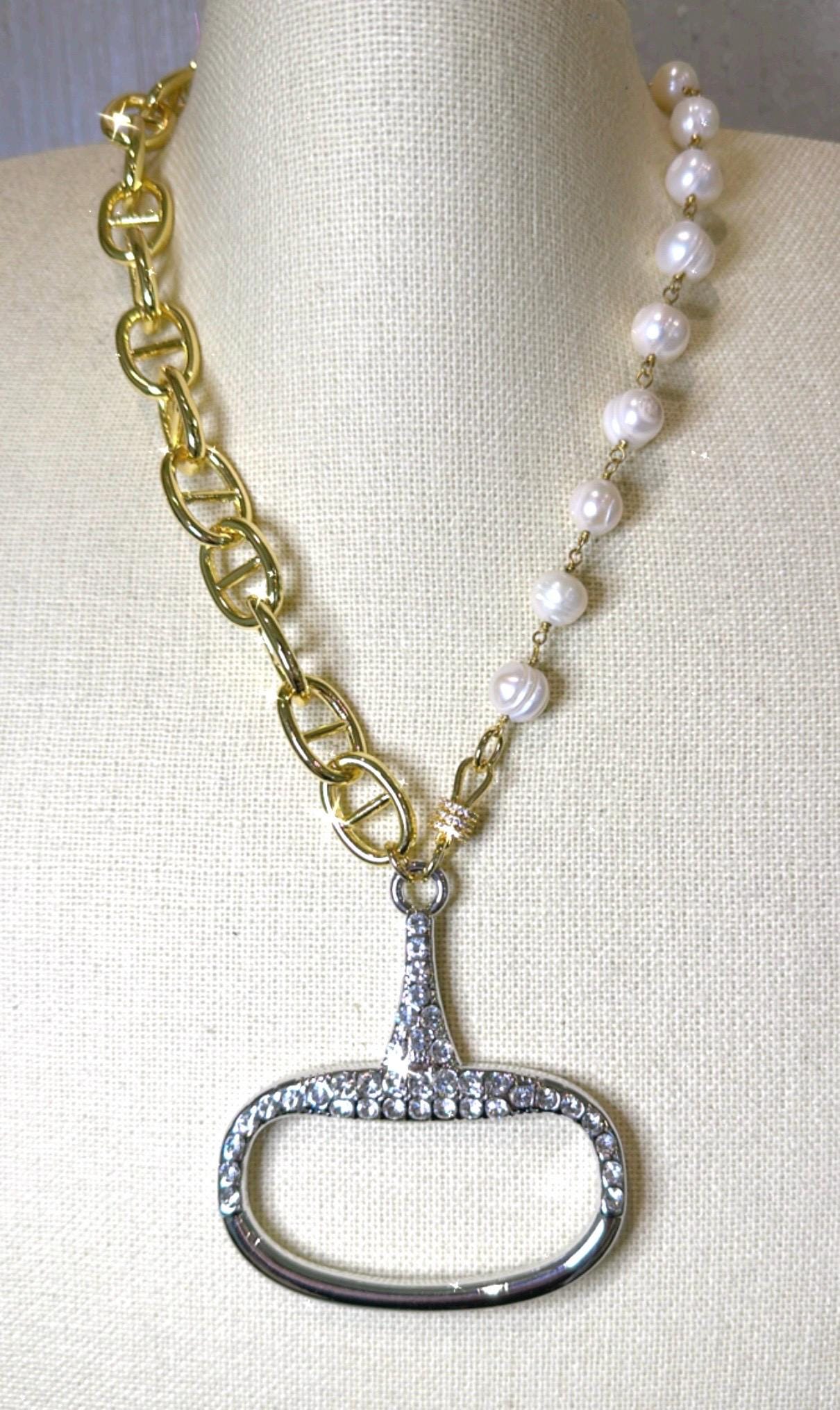 Equestrian Equine Horse Snaffle Bit w/Crystals-Shiny Gold Mariner Chain & Real Pearl Necklace—Stunning MIXED METAL Statement Necklace