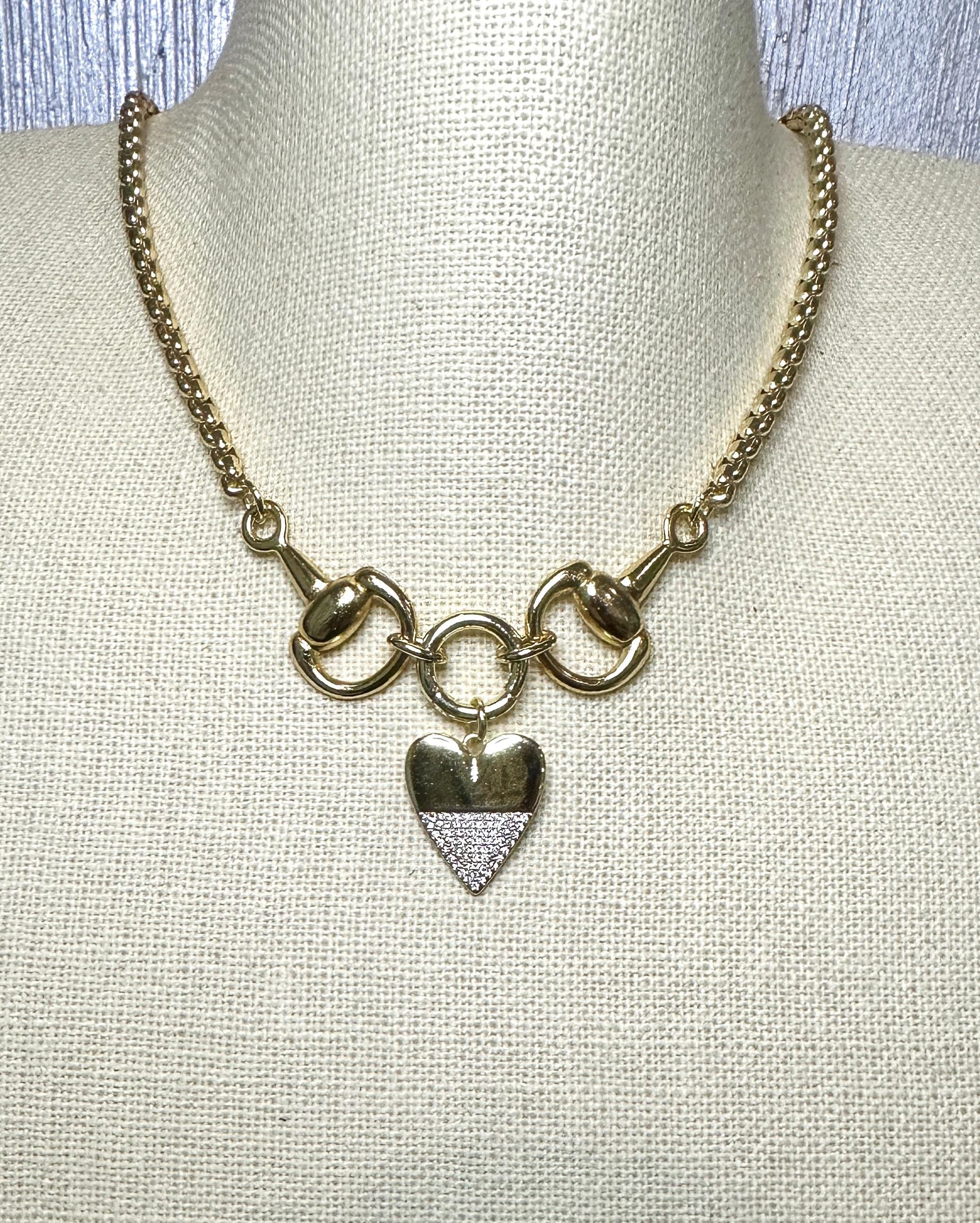 Equestrian Horse Snaffle Bit -- Crystal Heart Charm--Shiny Gold Box Chain Necklace