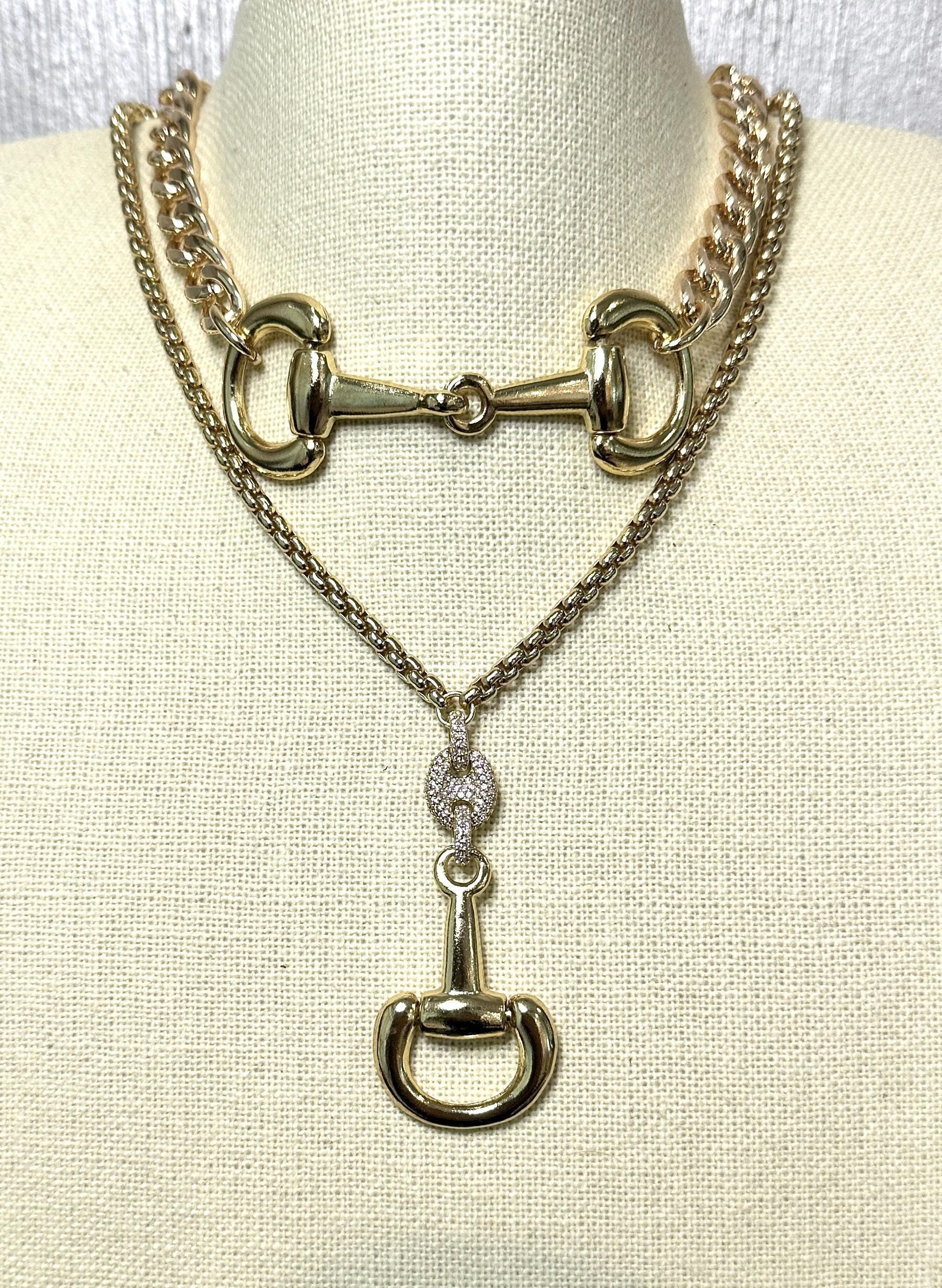 Equestrian Horse Snaffle Bit Shiny Gold Cuban Link Chain Necklace
