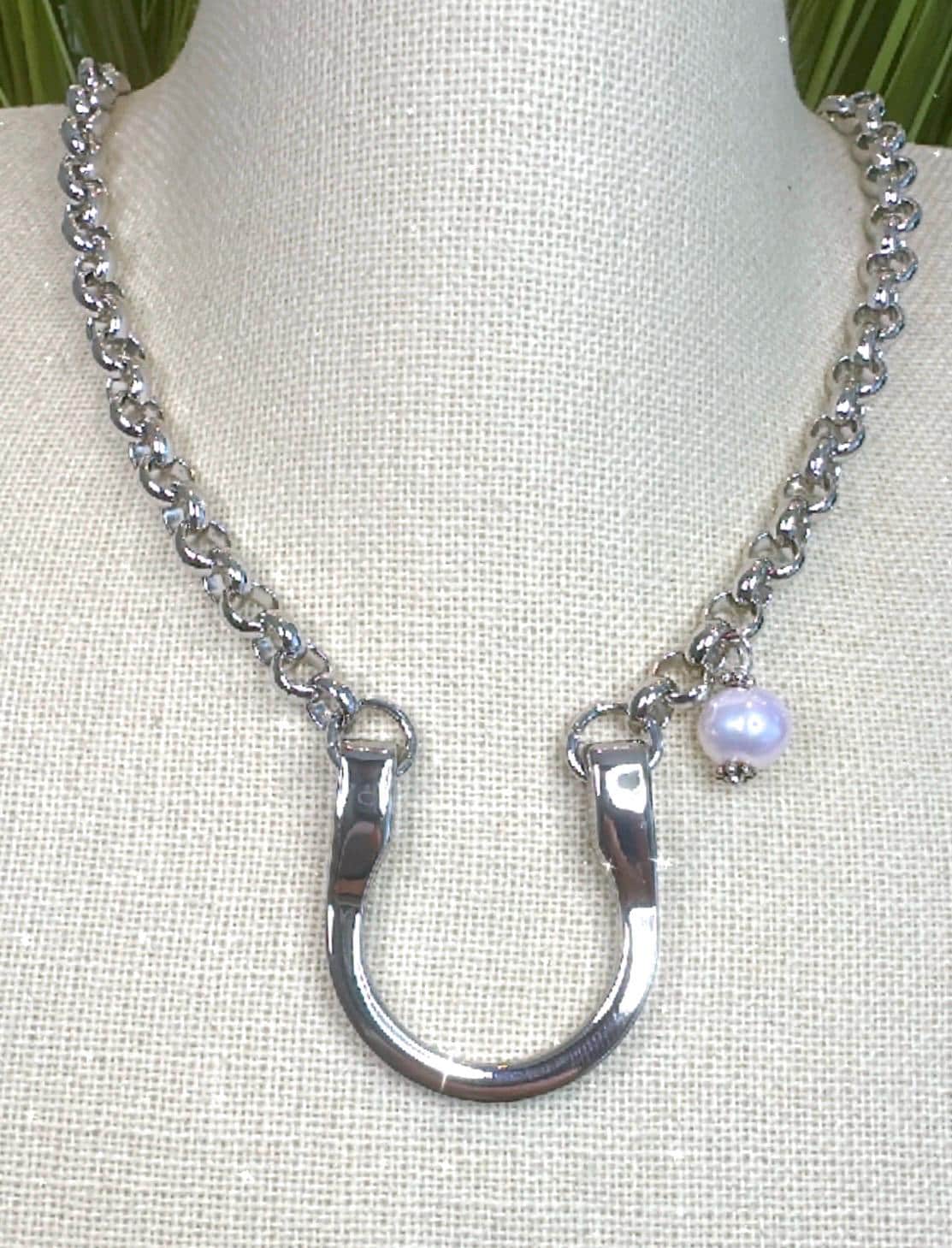 Equestrian Necklace, Equine Silver Lucky Horseshoe, Stirrup Bit & Freshwater Pearl