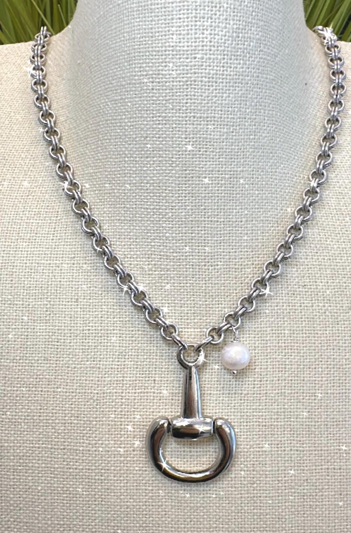 Equestrian Horse Snaffle Bit Necklace Antique Silver with Fresh Water Pearl