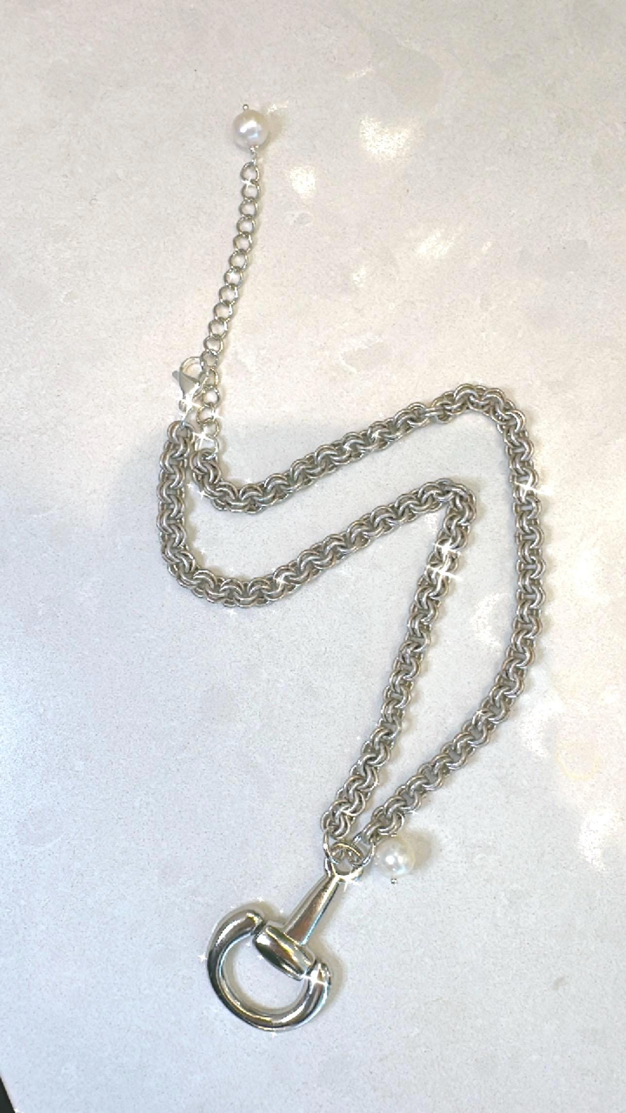 Equestrian Horse Snaffle Bit Necklace Antique Silver with Fresh Water Pearl