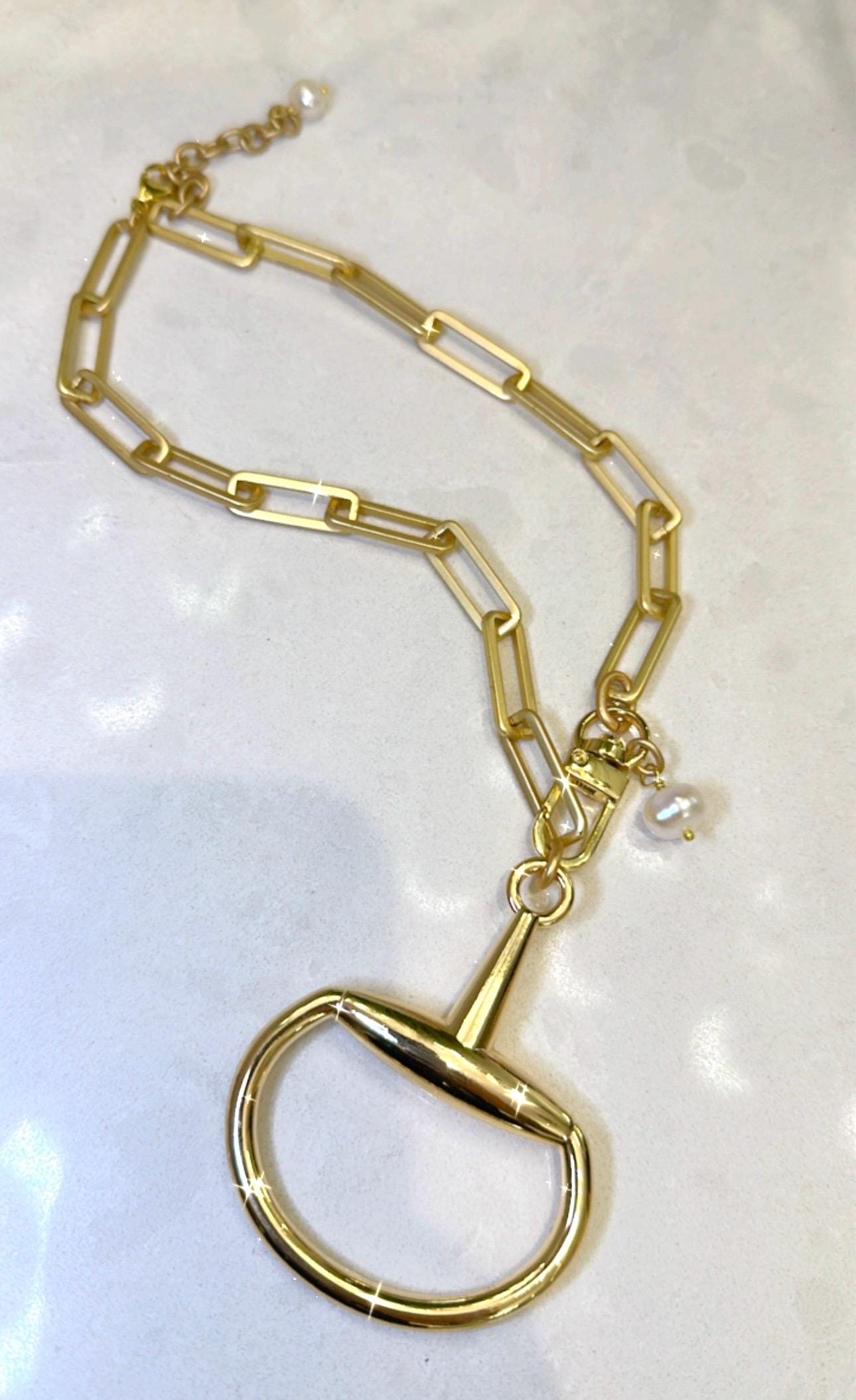 Equestrian Equine Horse Snaffle Bit Matte Gold Rectangle Chain Necklace with Fresh Water Pearl Accent—Stunning Statement Necklace