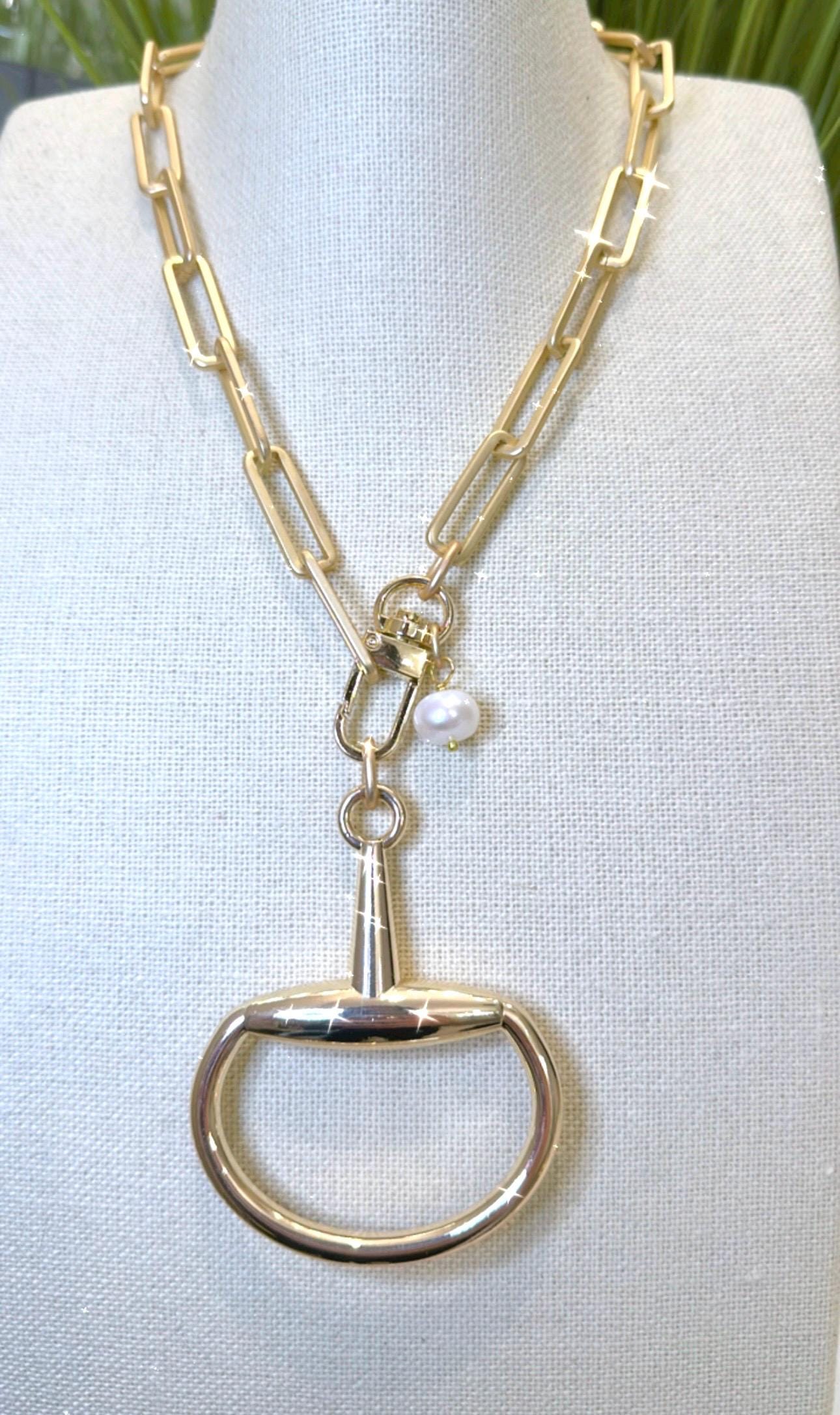 Equestrian Equine Horse Snaffle Bit Matte Gold Rectangle Chain Necklace with Fresh Water Pearl Accent—Stunning Statement Necklace