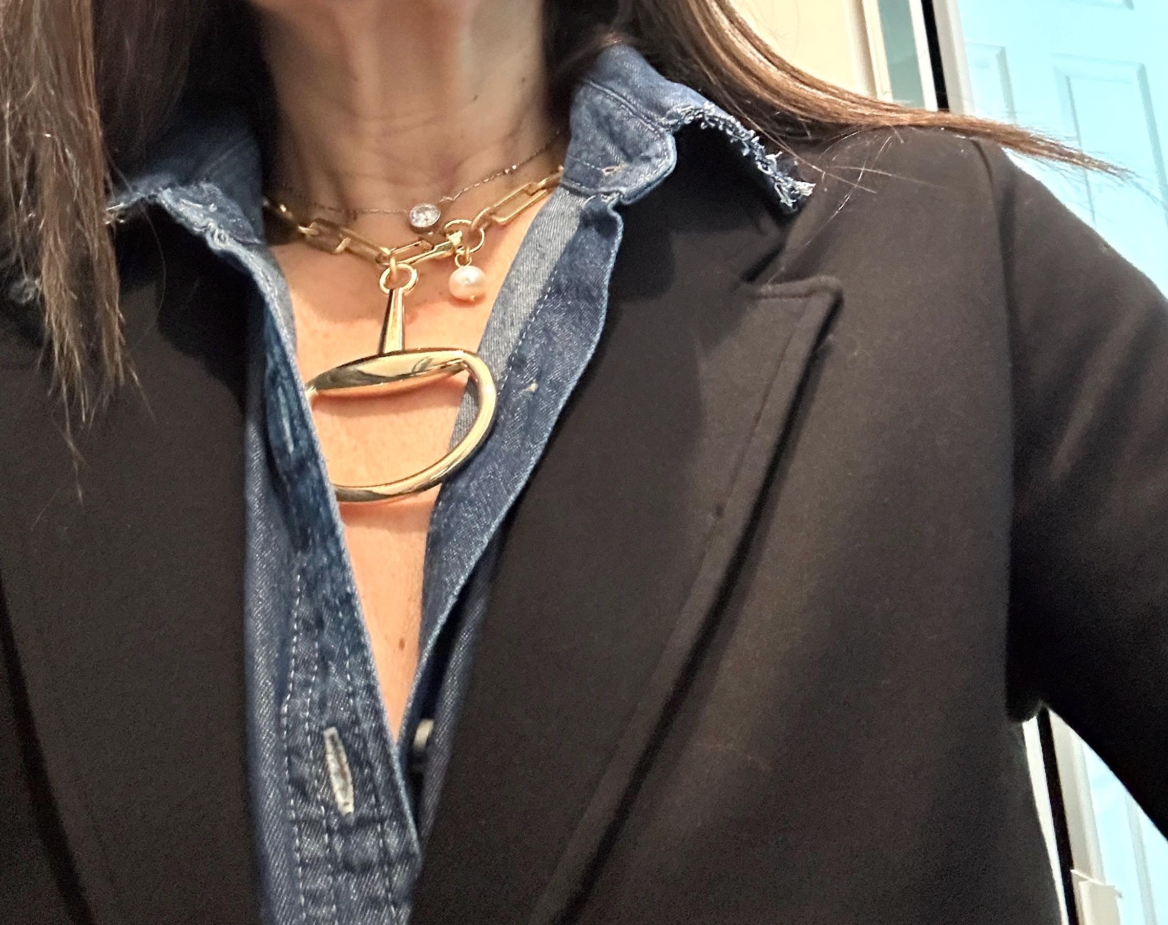 Equestrian Equine Horse Snaffle Bit Matte Gold Rectangle Chain Necklace with Fresh Water Pearl Accent—Stunning Statement Necklace