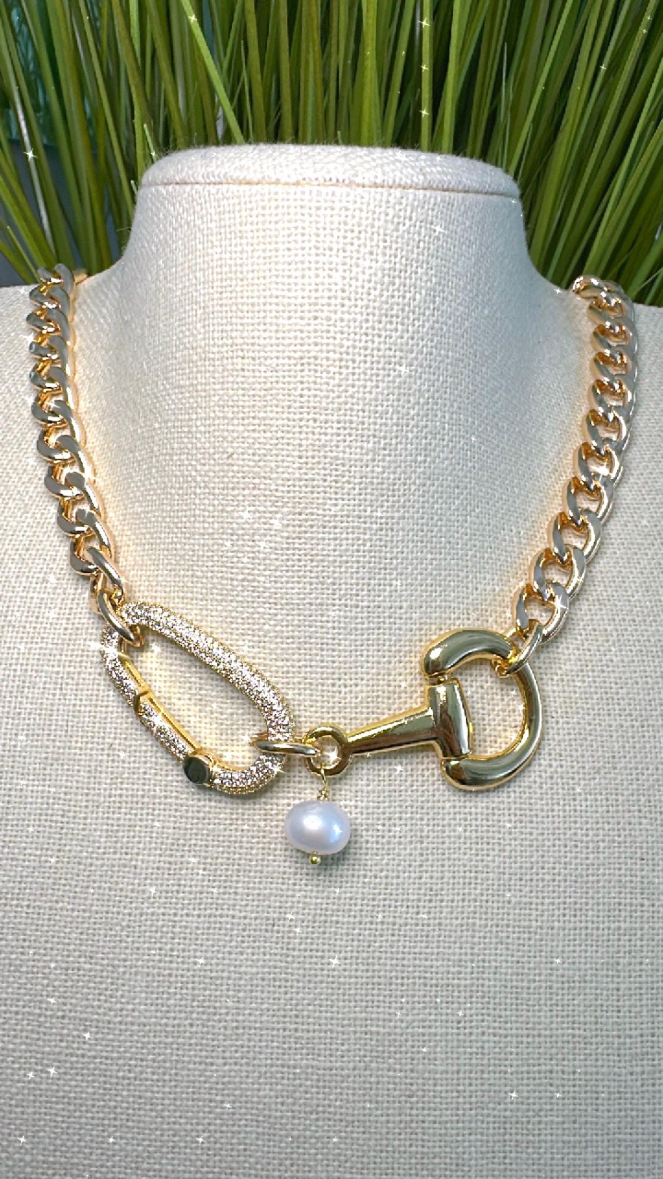 Equestrian Necklace, Equine Horse Snaffle Bit, Crystal Carabiner, Shiny Gold Cuban Chain with Pearl Accent—Stunning Statement