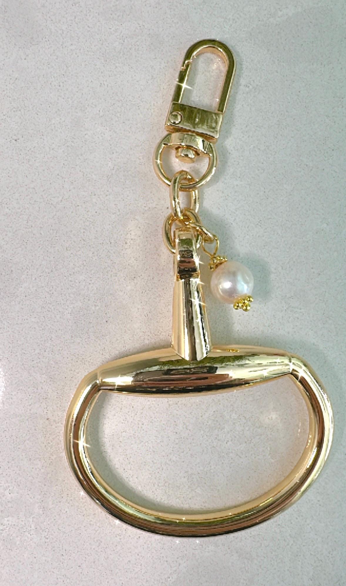 Equestrian Bag Charm, Gold, Key Ring, Belt Charm, Boot Charm, Equine Horse Snaffle Bit Gift with Akoya Pearl Accent—Stunning!