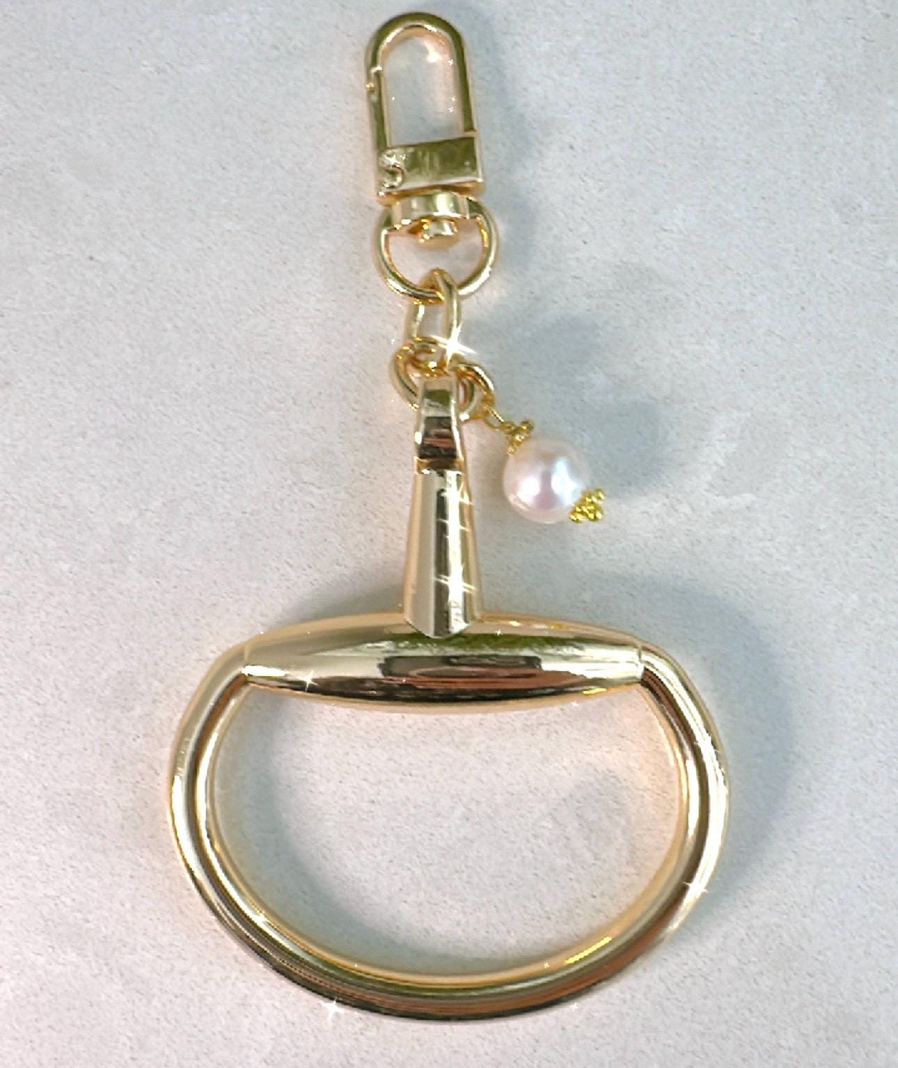 Equestrian Bag Charm, Gold, Key Ring, Belt Charm, Boot Charm, Equine Horse Snaffle Bit Gift with Akoya Pearl Accent—Stunning!