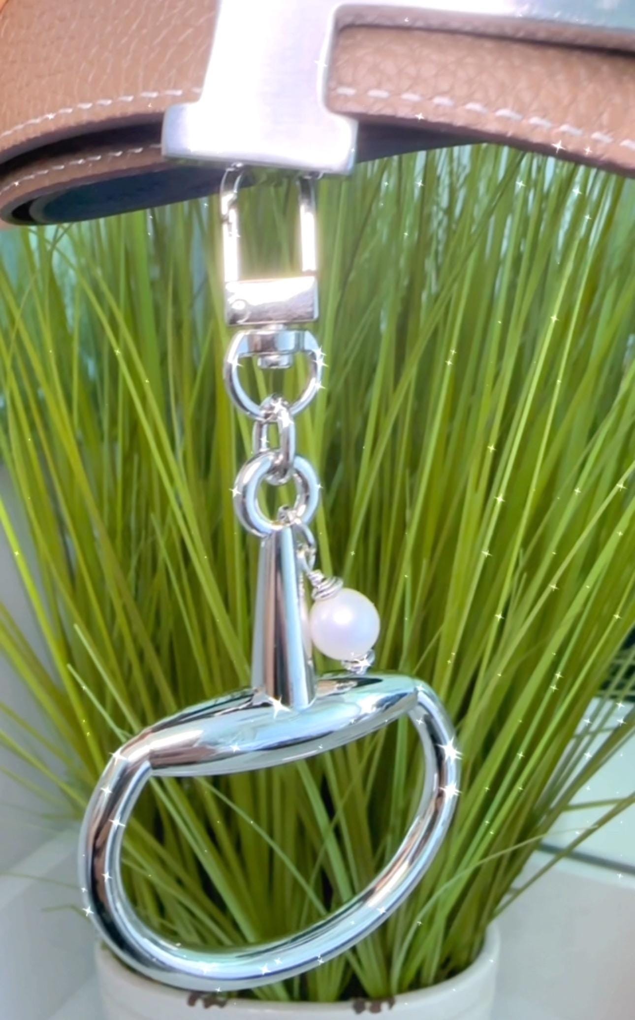 Equestrian Bag Charm, Silver, Key Ring, Belt Charm, Boot Charm, Equine Horse Snaffle Bit Gift with Akoya Pearl Accent—Stunning!