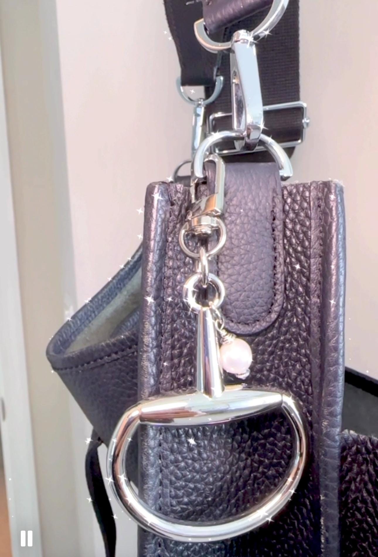 Equestrian Bag Charm, Silver, Key Ring, Belt Charm, Boot Charm, Equine Horse Snaffle Bit Gift with Akoya Pearl Accent—Stunning!