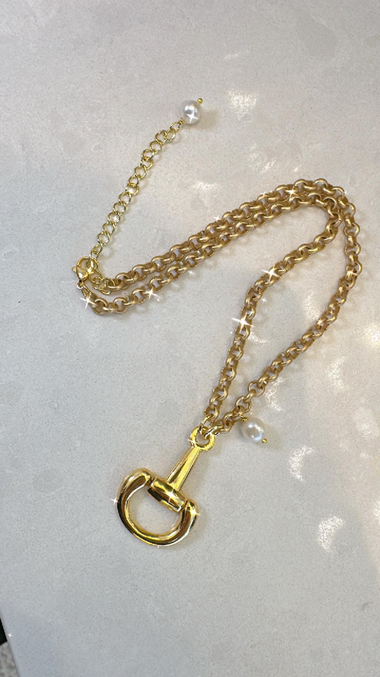 Equestrian Horse Snaffle Bit Necklace Gold with Fresh Water Pearl