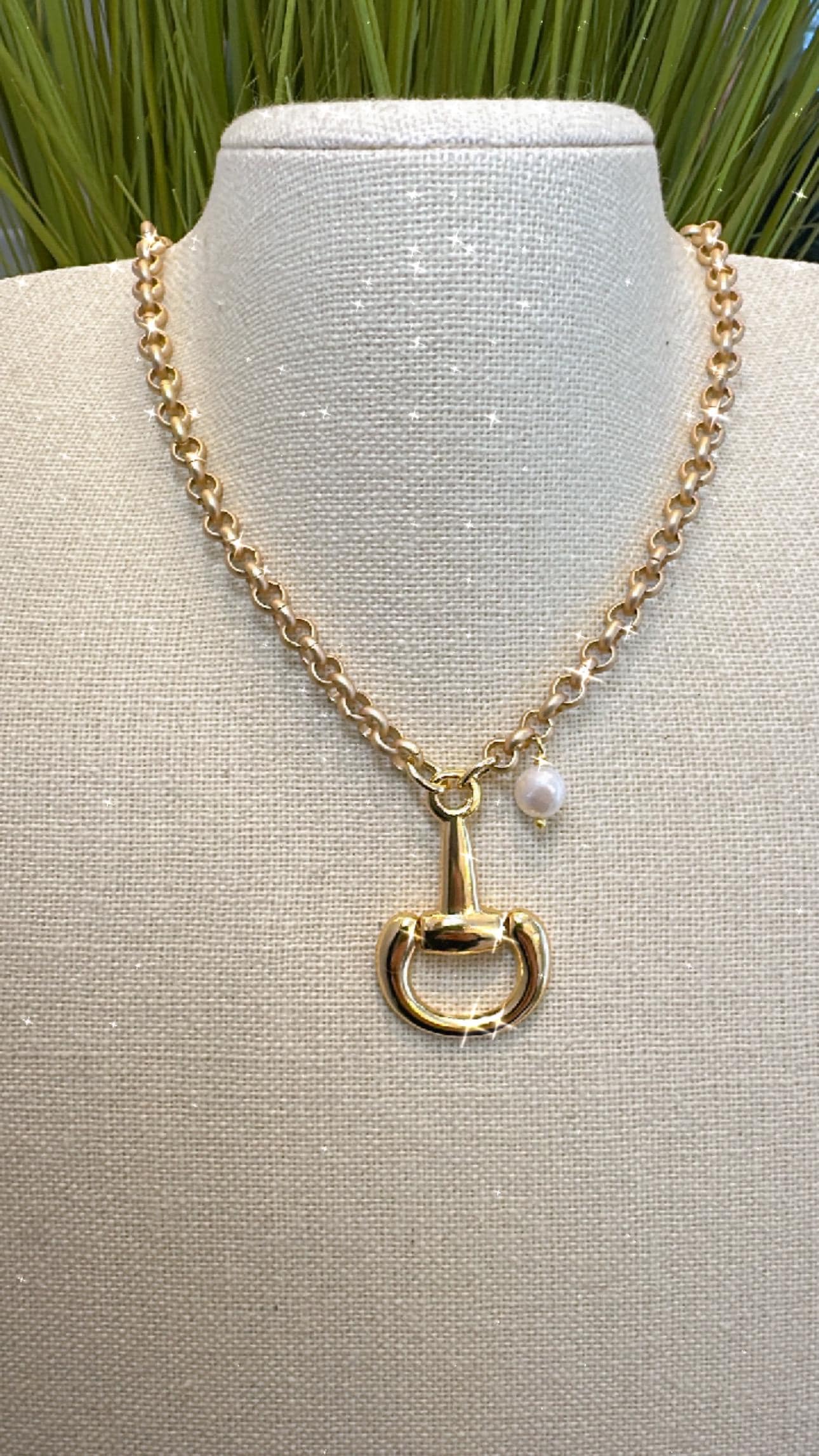 Equestrian Horse Snaffle Bit Necklace Gold with Fresh Water Pearl