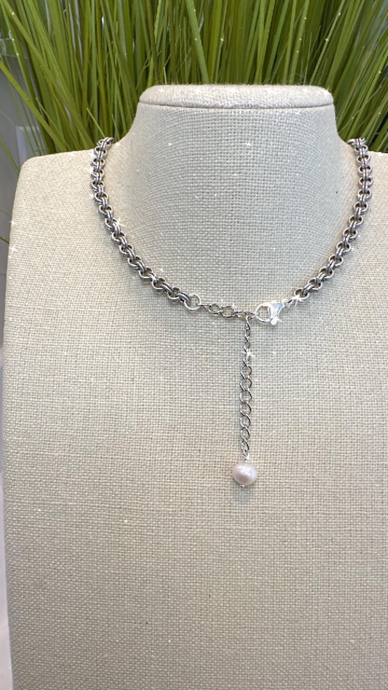 Equestrian Horse Snaffle Bit Necklace Antique Silver with Fresh Water Pearl