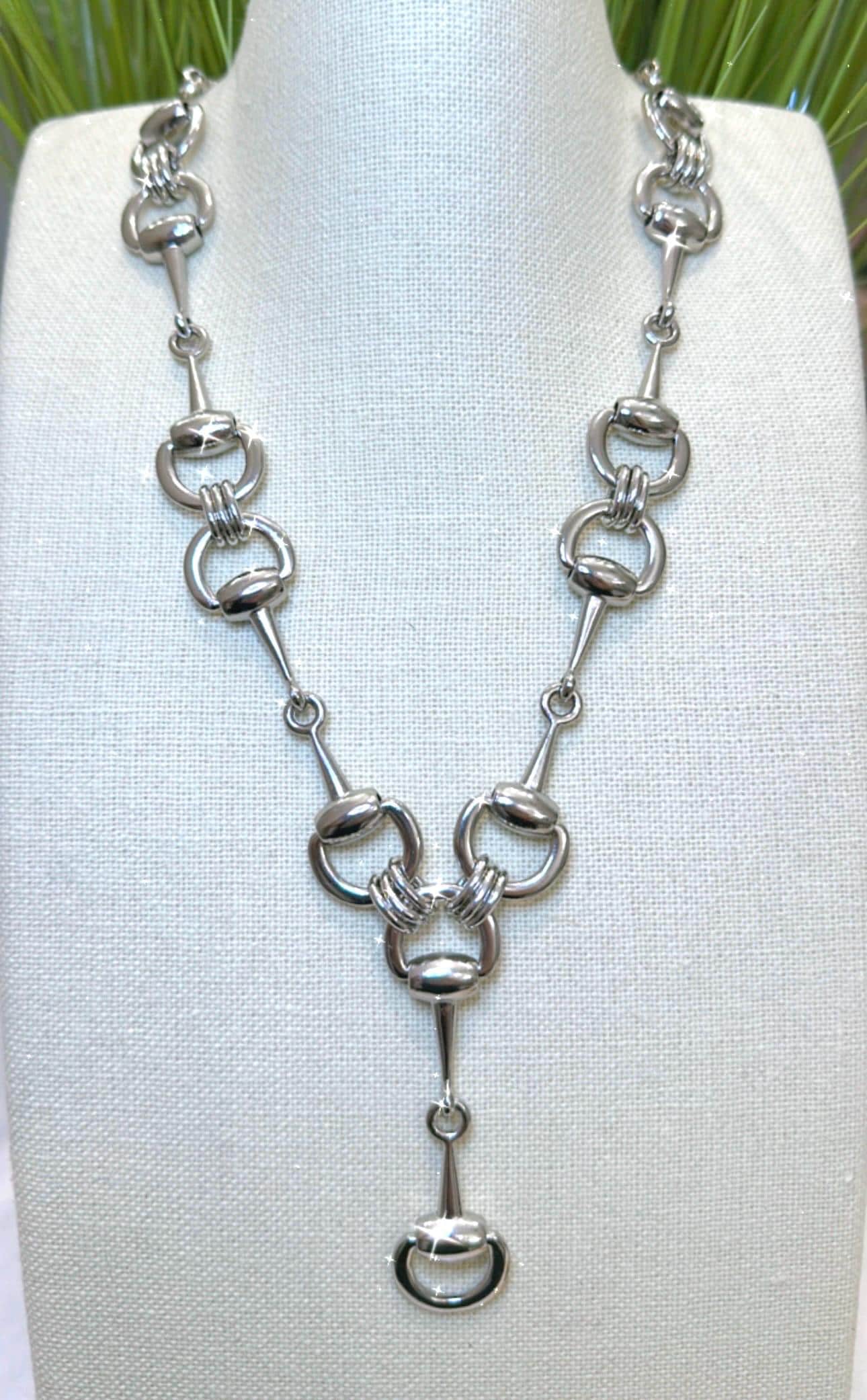 Equestrian Equine Horse Snaffle Bit “Y”  Lariat Silver Necklace — Stunning Statement Necklace