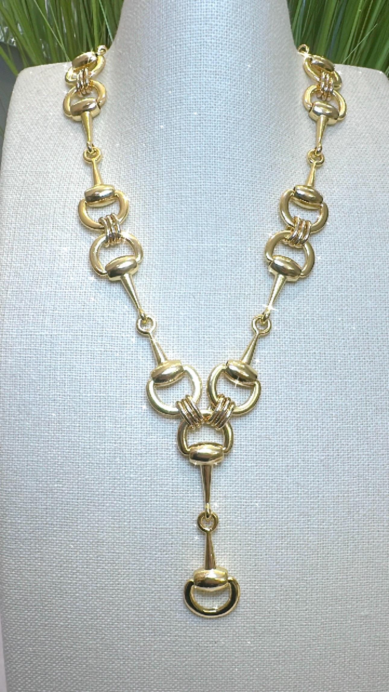 Equestrian Equine Horse Snaffle Bit “Y”  Lariat Gold Necklace — Stunning Statement Necklace