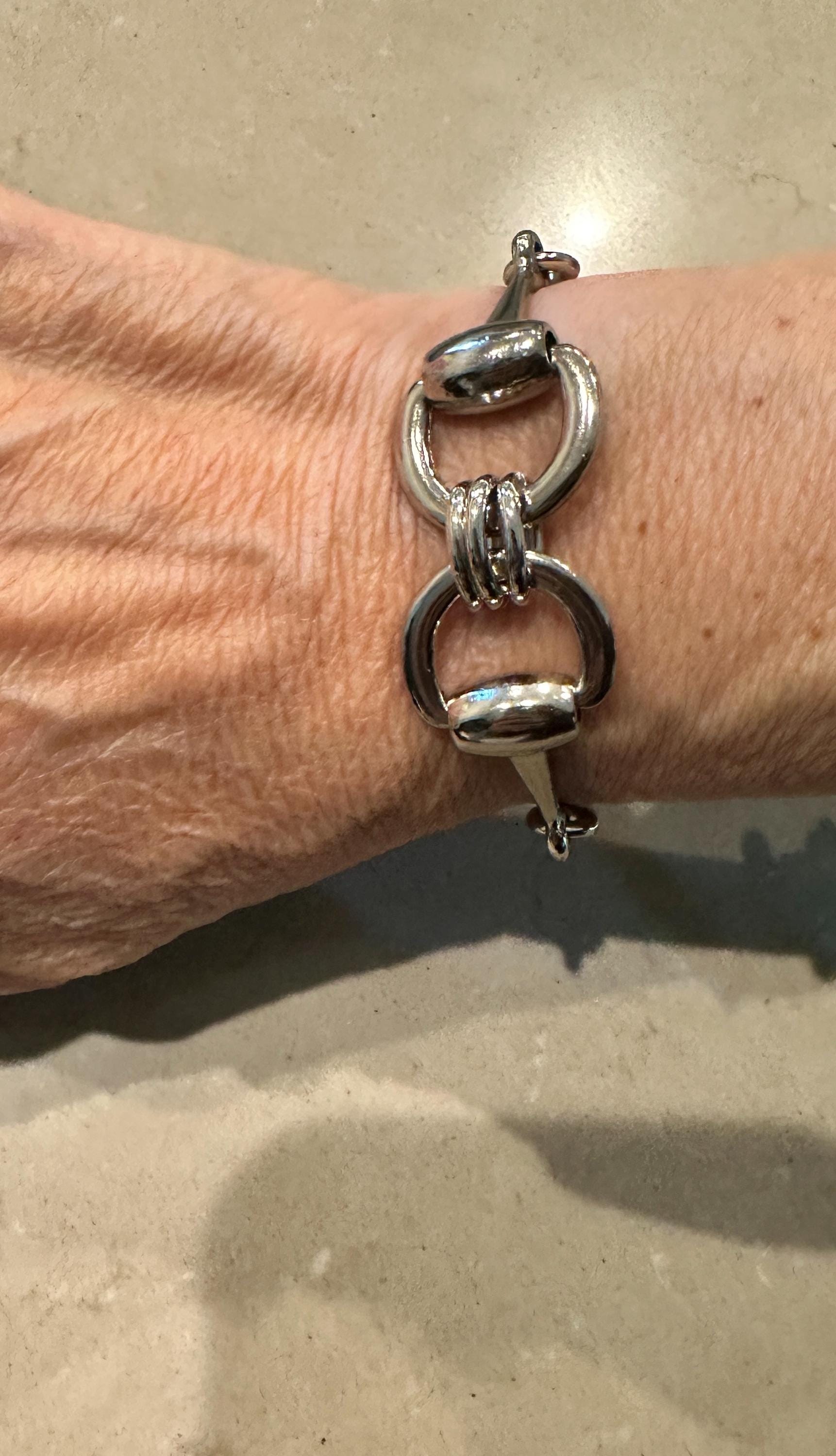 Equestrian Horse Snaffle Bit Silver Artisan Bracelet w/ Magnetic Clasp and Pearl