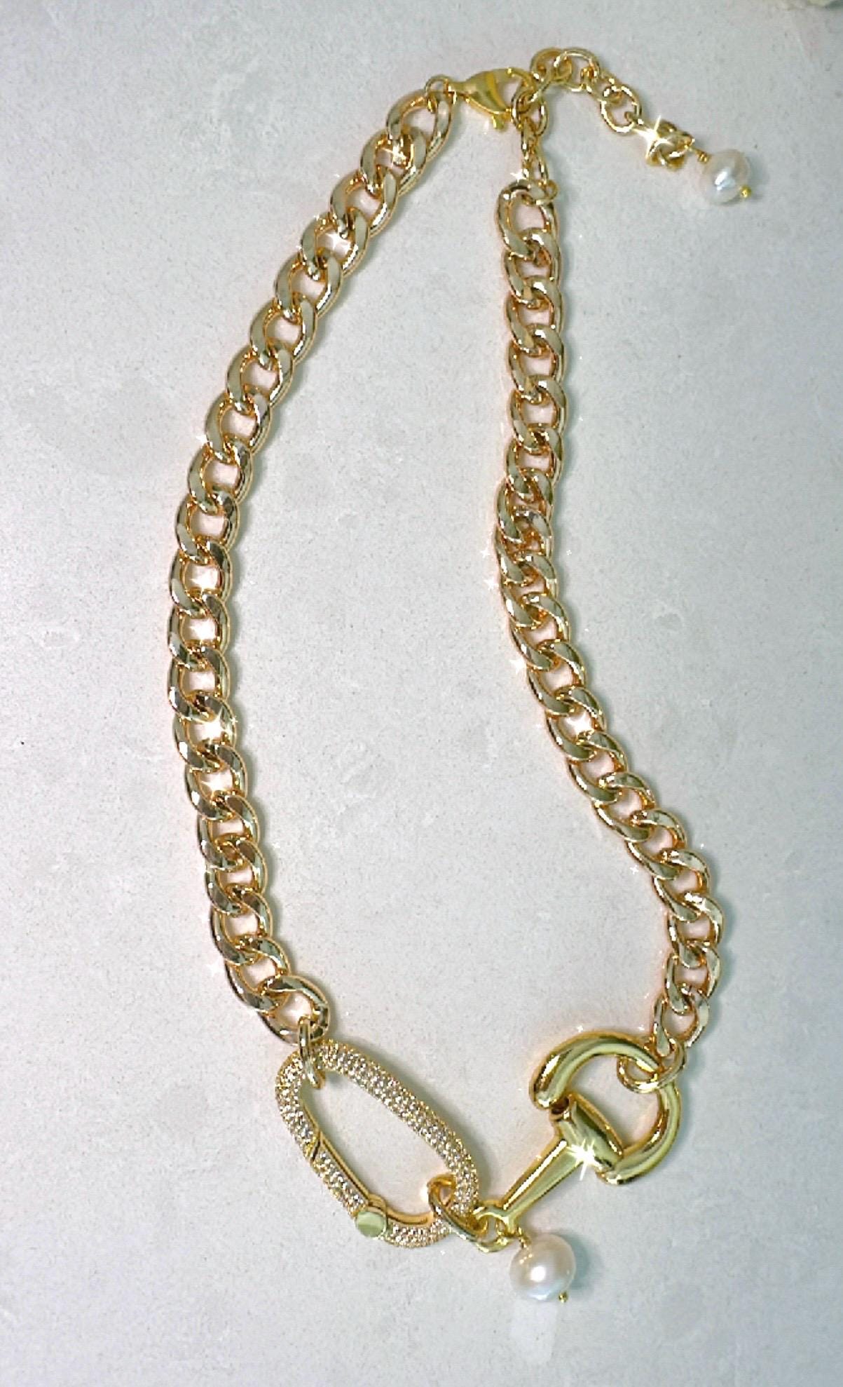 Equestrian Necklace, Equine Horse Snaffle Bit, Crystal Carabiner, Shiny Gold Cuban Chain with Pearl Accent—Stunning Statement