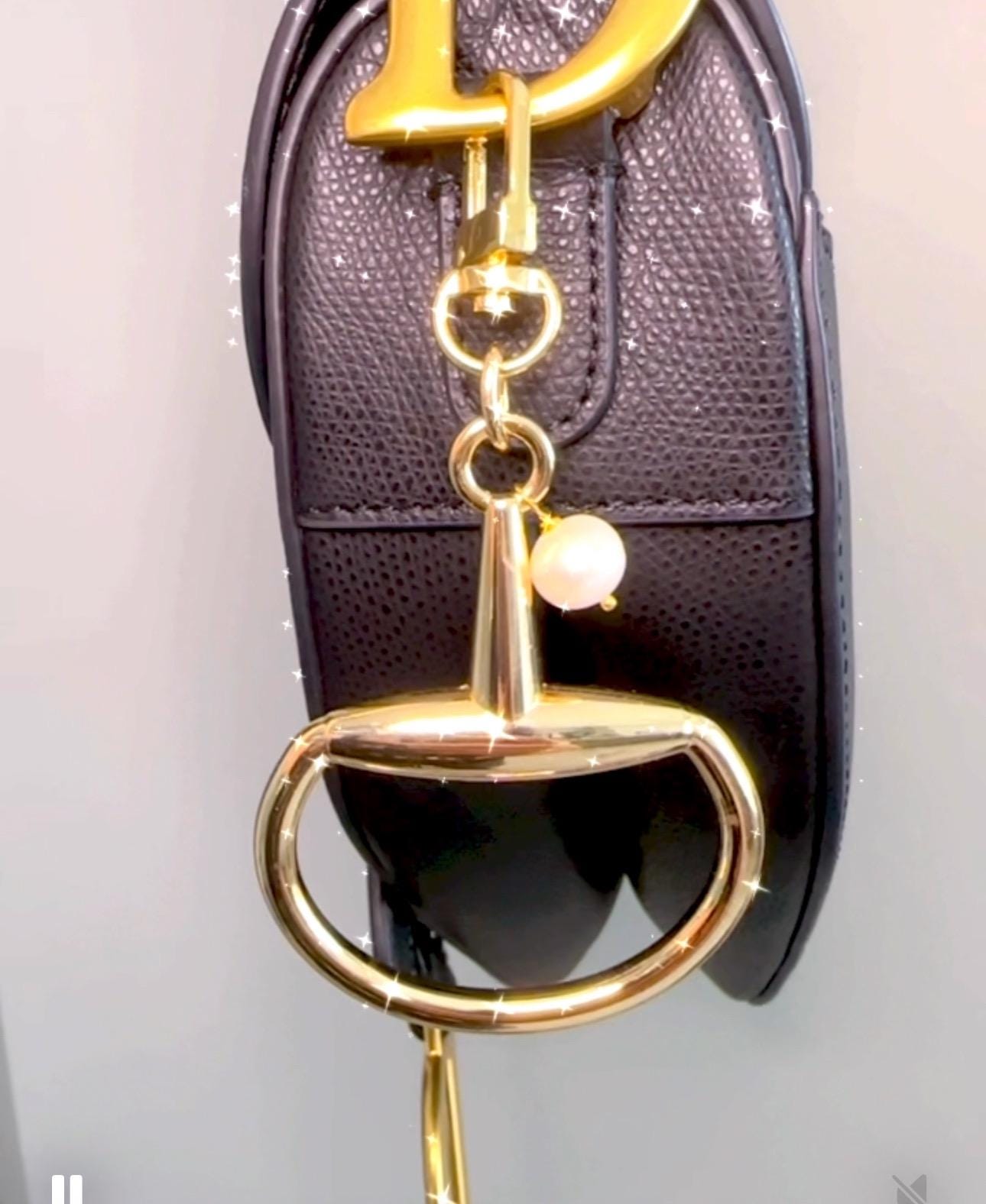 Equestrian Bag Charm, Gold, Key Ring, Belt Charm, Boot Charm, Equine Horse Snaffle Bit Gift with Akoya Pearl Accent—Stunning!