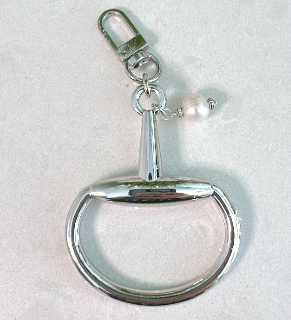 Equestrian Bag Charm, Silver, Key Ring, Belt Charm, Boot Charm, Equine Horse Snaffle Bit Gift with Akoya Pearl Accent—Stunning!