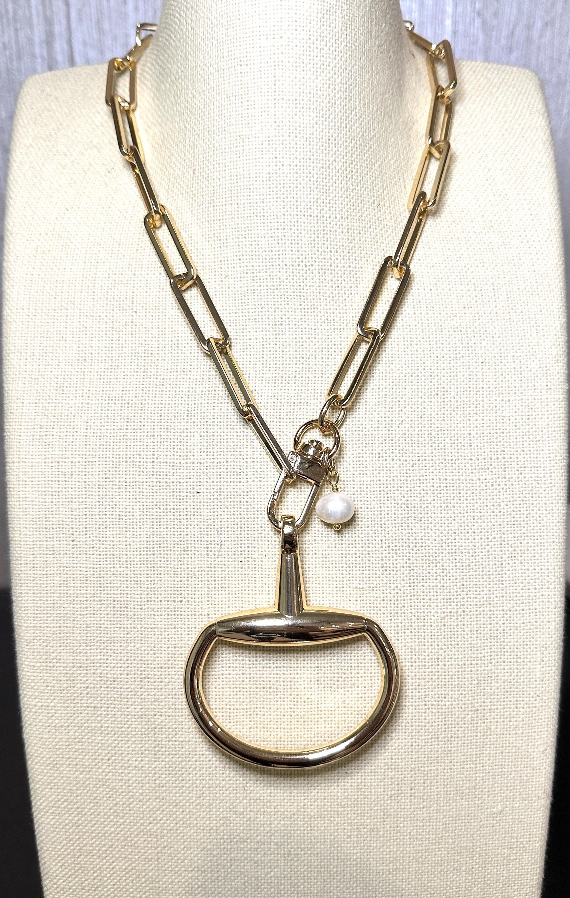 Equestrian Equine Horse Snaffle Bit Shiny Gold Rectangle Chain Necklace with Fresh Water Pearl Accent—Stunning Statement Necklace