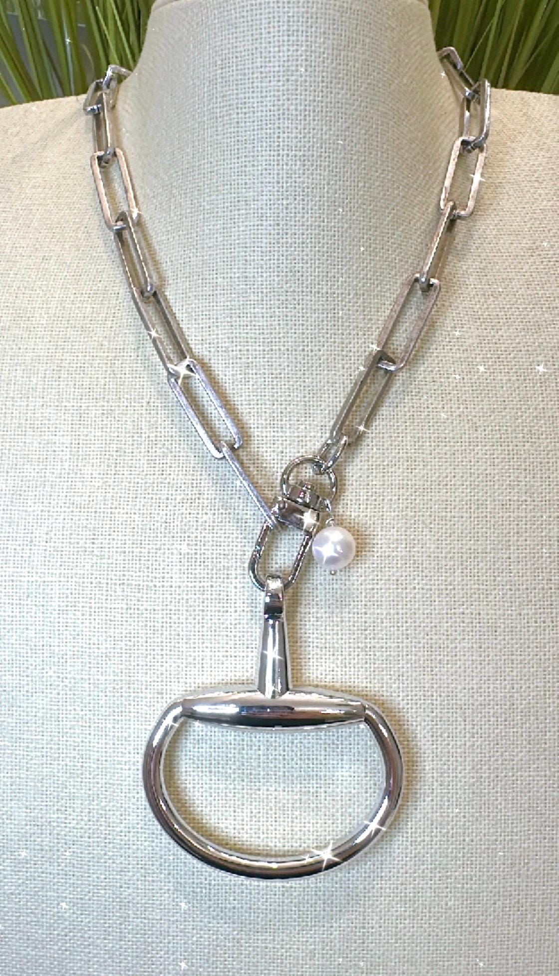 Equestrian Equine Horse Snaffle Bit Antique Silver Rectangle Chain Necklace with Fresh Water Pearl Accent—Stunning Statement Necklace