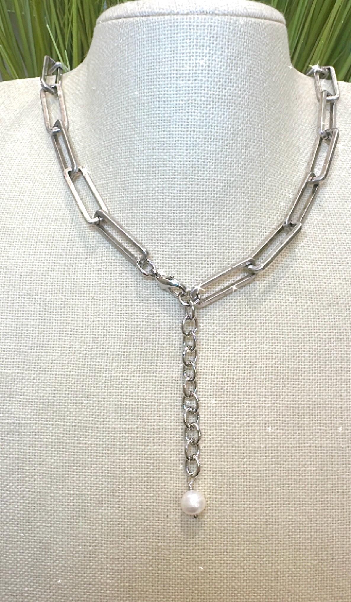 Equestrian Equine Horse Snaffle Bit Antique Silver Rectangle Chain Necklace with Fresh Water Pearl Accent—Stunning Statement Necklace